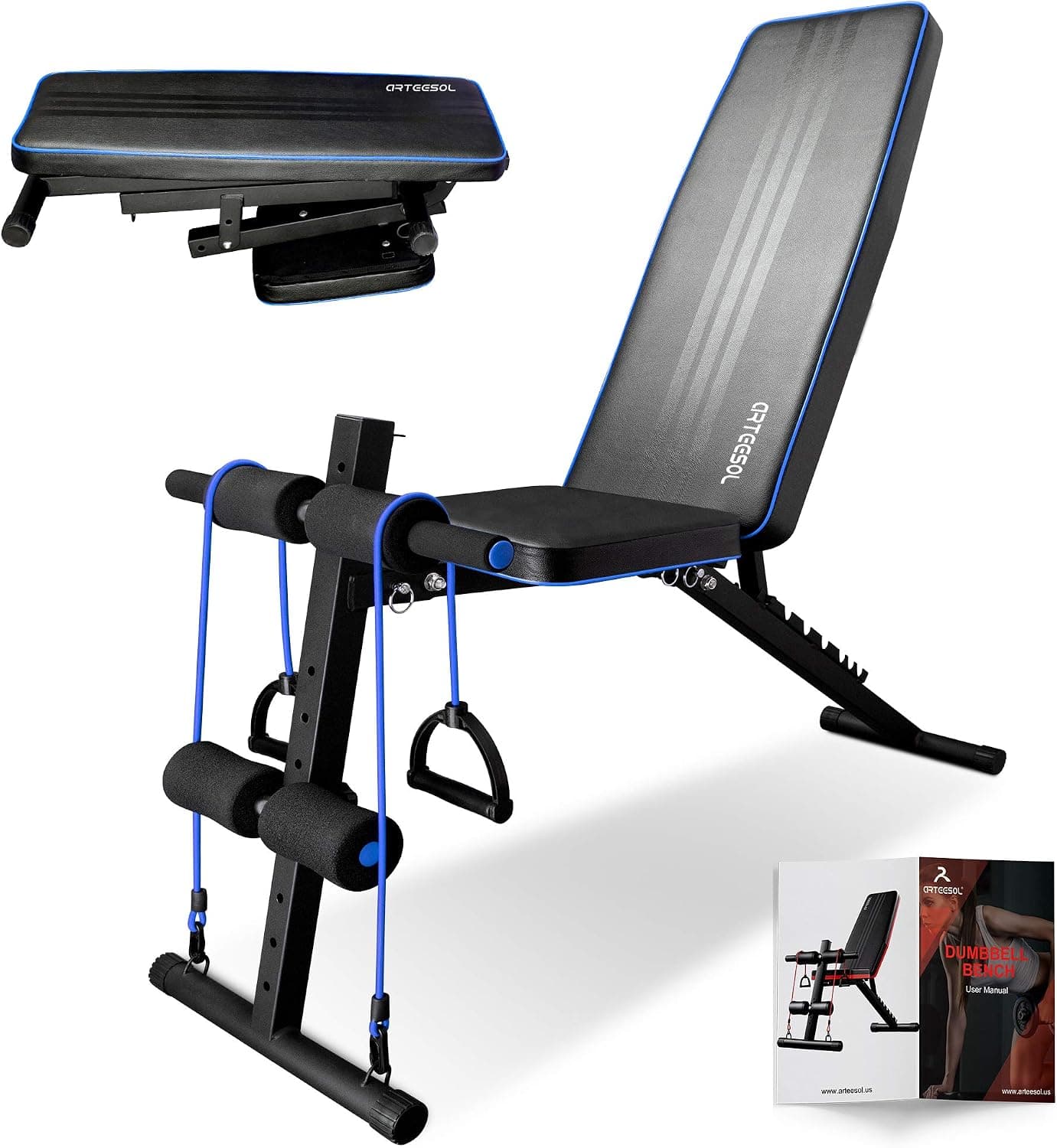 arteesol Weight Bench – Adjustable Weight Bench Workout Bench Exercise Bench with Elastic Strings for Full Body Training