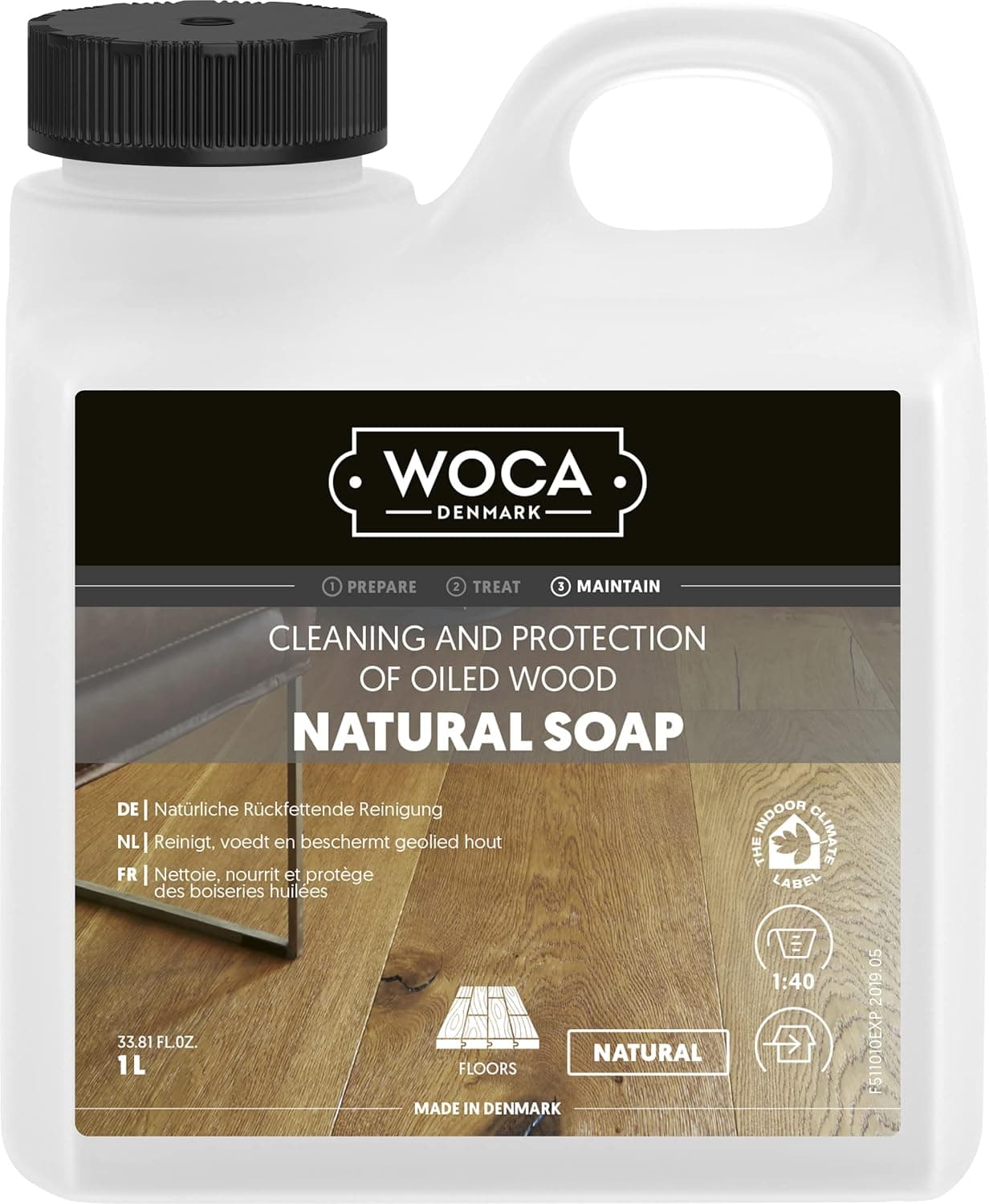 WOCA Natural Soap, Natural |1 L| - Wood Cleaner for the cleaning of oil finished hardwood floors, tables, millwork, cutting boards, countertops and children’s toys