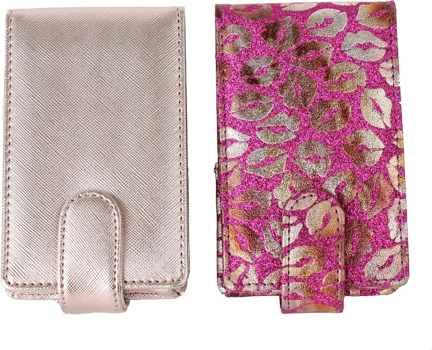 2 Pack Lipstick Lip Gloss Pouch and Carrying Case, Each one Holds 4 Regular Sized Tubes of Lipstick or LipSense (Magenta Glitter with Gold Lips & Rose Gold)
