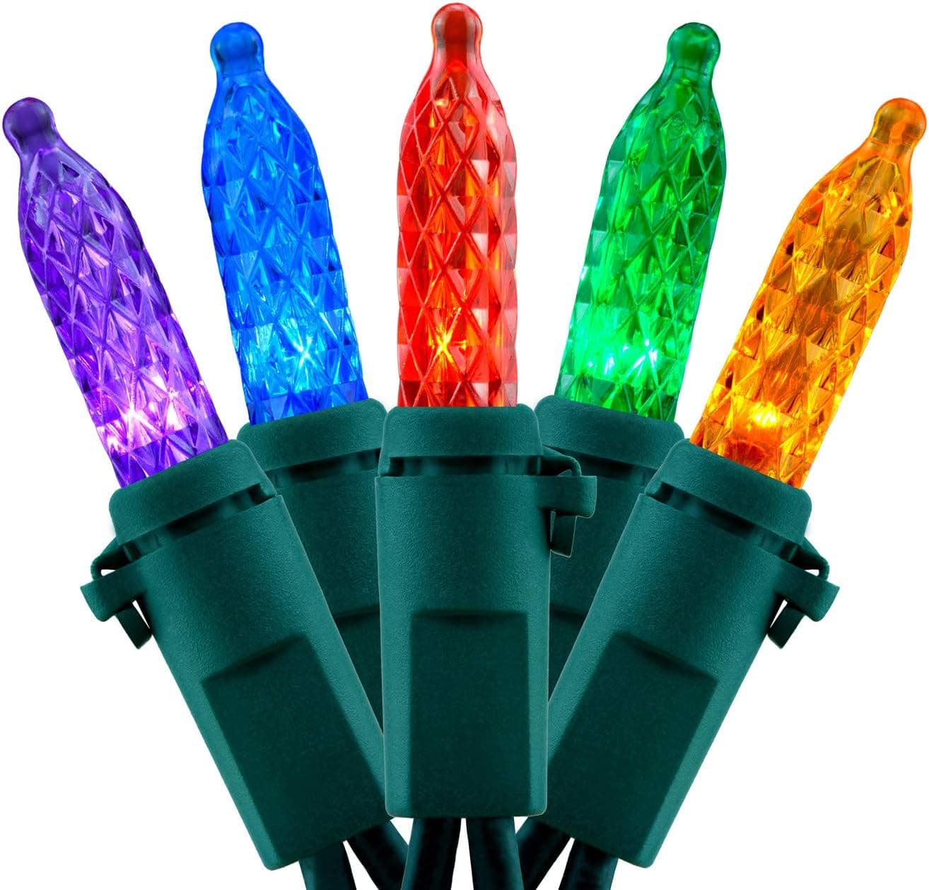 YULETIME Multicolor LED Faceted Christmas Lights 200 Count 50 ft, Pack of 2 Strands 25 ft 100 Lights UL Certified Commercial Grade Green Wire Mini Holiday String Light Set (Multicolor)