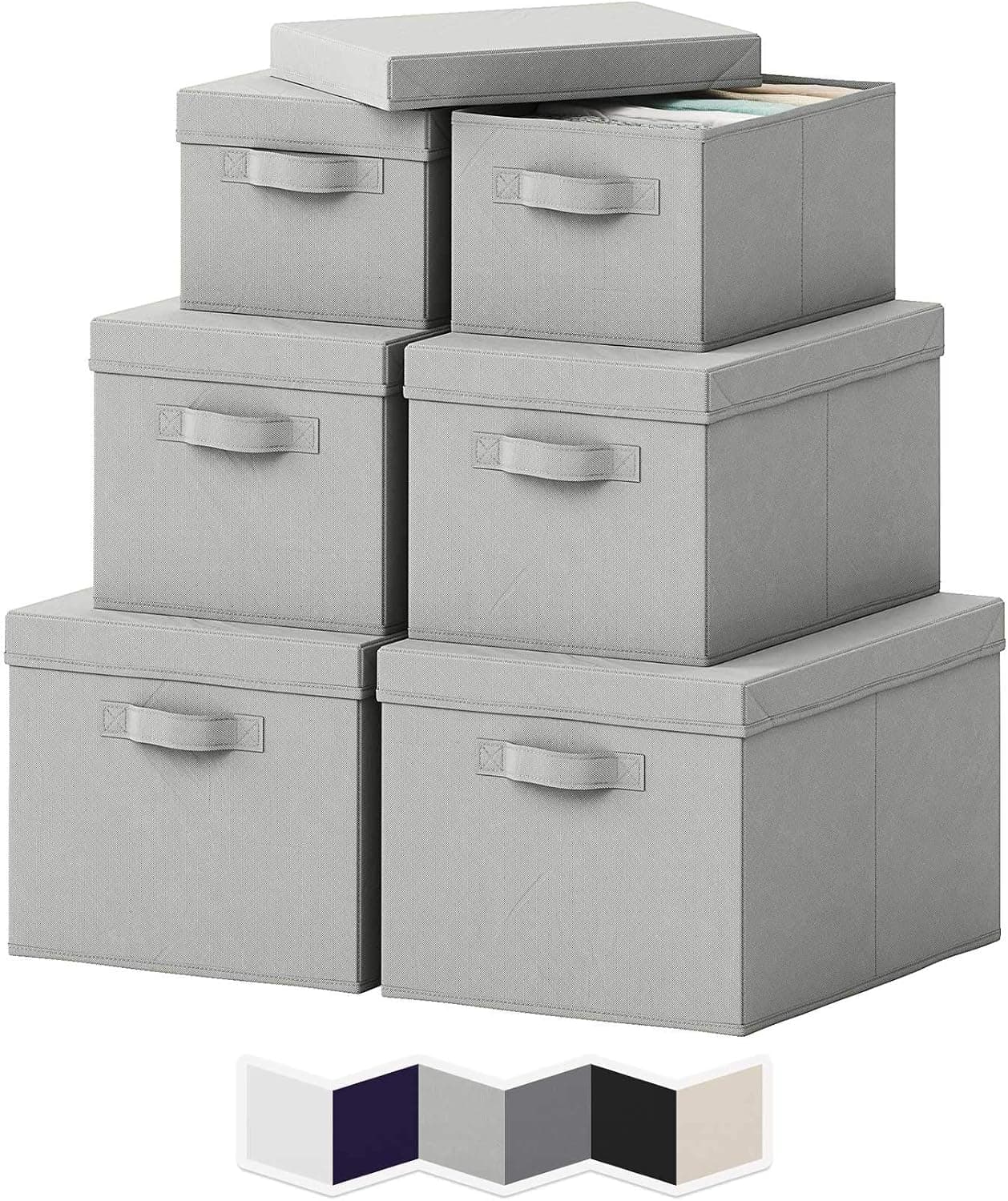 NEATERIZE Storage Bins with Lids. Set of 6 Heavy Duty Stackable MDF Covered With Fabric Storage Boxes with 2 Handle, Use for Organizing Closet, Garage, Clothes, Blankets, Linen (Light Grey)