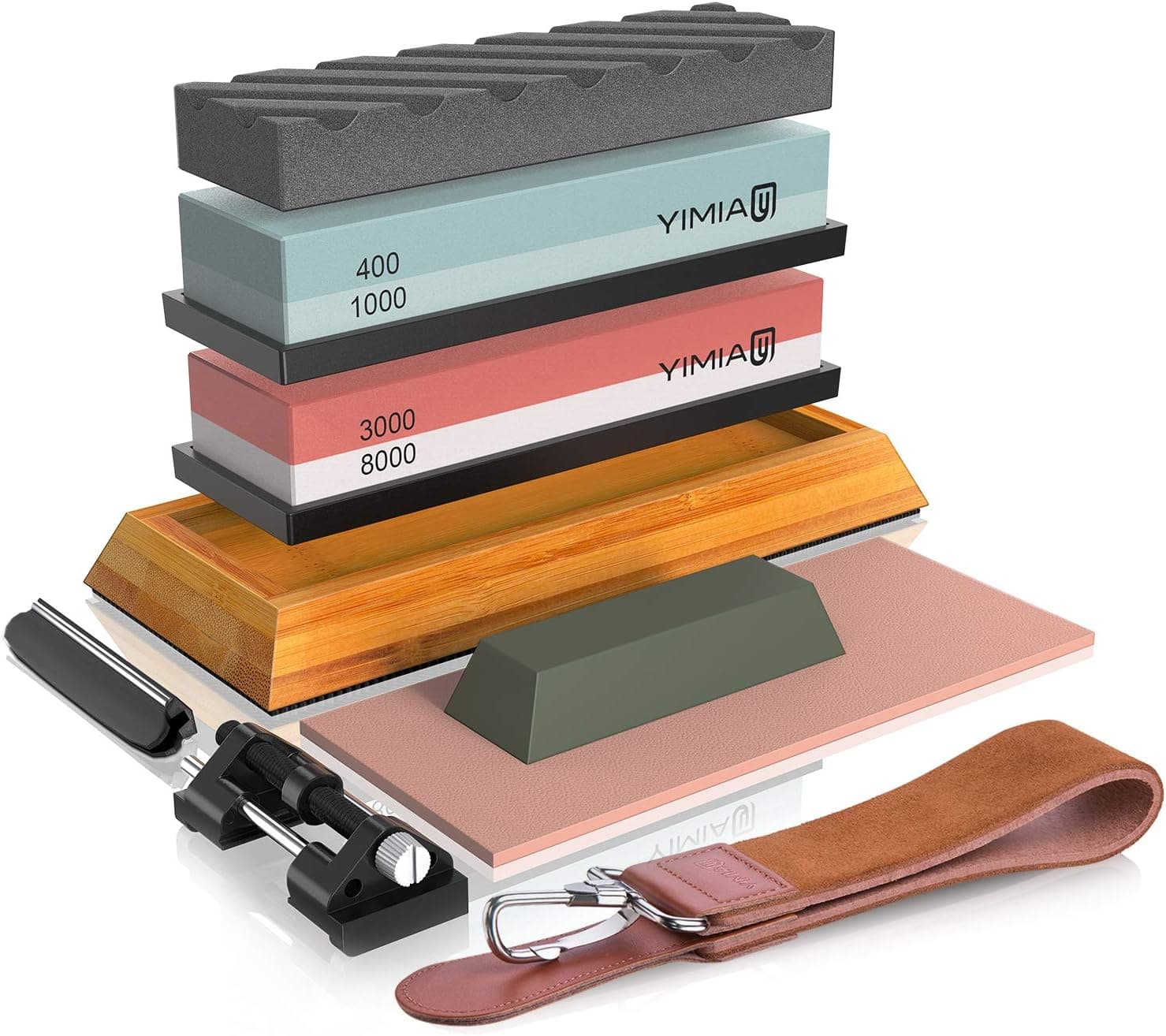 Knife Sharpening Stone Set, YIMIAY Grit 400/1000 3000/8000 Whetstone, Bamboo Base, Flattening Stone, Angle Guide, Leather Honing Strop, Leather Razor Strop, Polishing Compound and Honing Guide