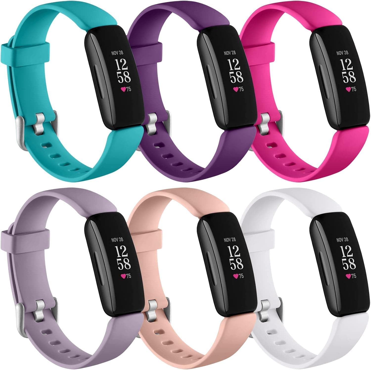 Keponew Compatible with Fitbit Inspire 2 Bands for Women Men, Sport Wristbands Replacement for Inspire 2 Strap, Large, 6 Packs, Teal/Plum/Rose Pink/White/Pink Sand/Lavender