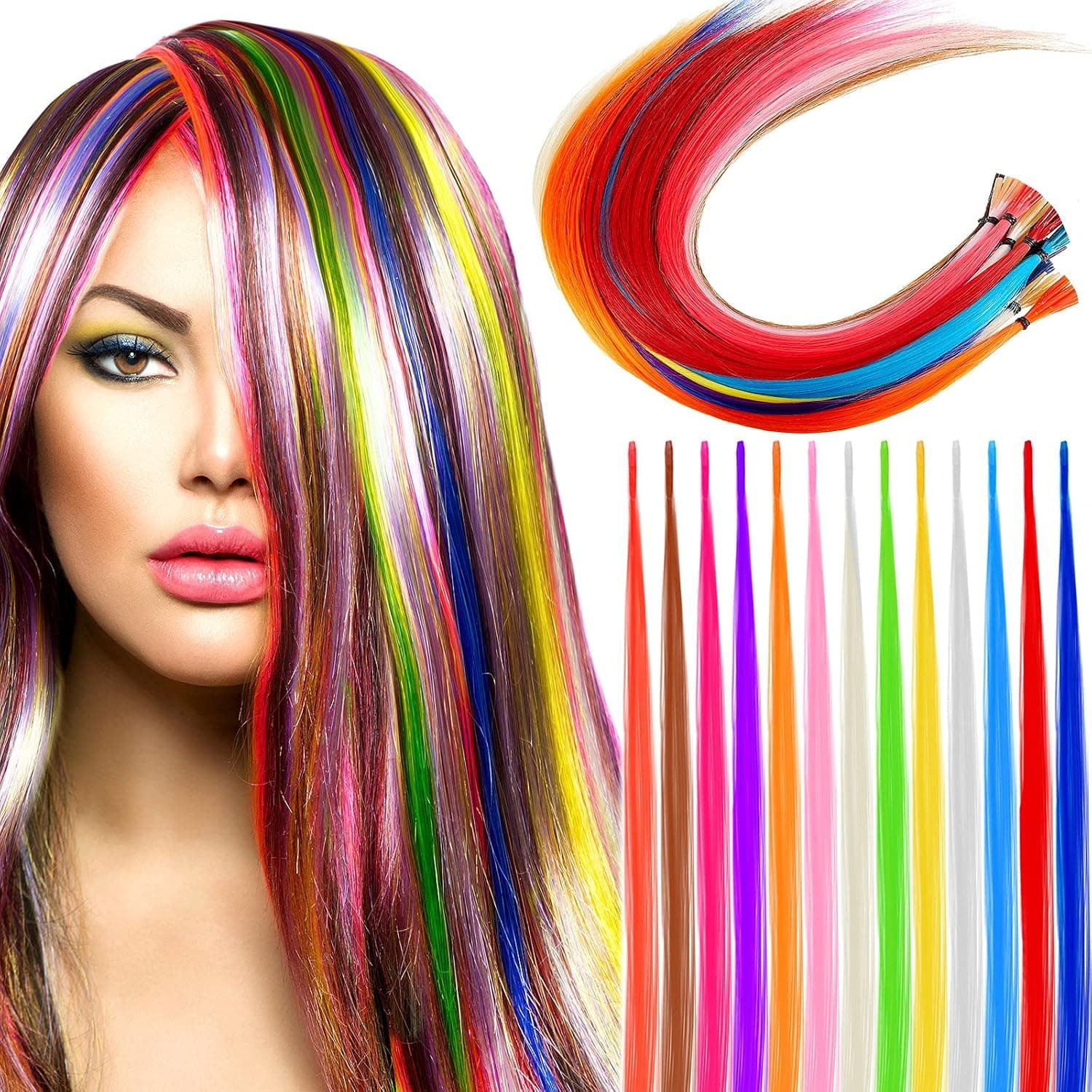 78 Pieces Women Feather Hair Extensions Colorful Hair Feathers Synthetic Fiber Tip Hair Long Straight Hair Strands Mixed Color Hairpieces for Women Girls Mermaid Hair Accessories, 13 Colors