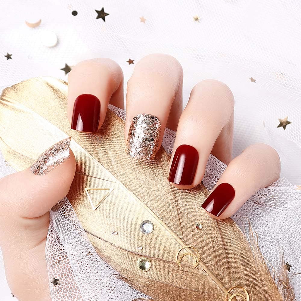 LIARTY 24 Pcs Red Fake Nails Glitter Short Acrylic Full Cover Fake Nails