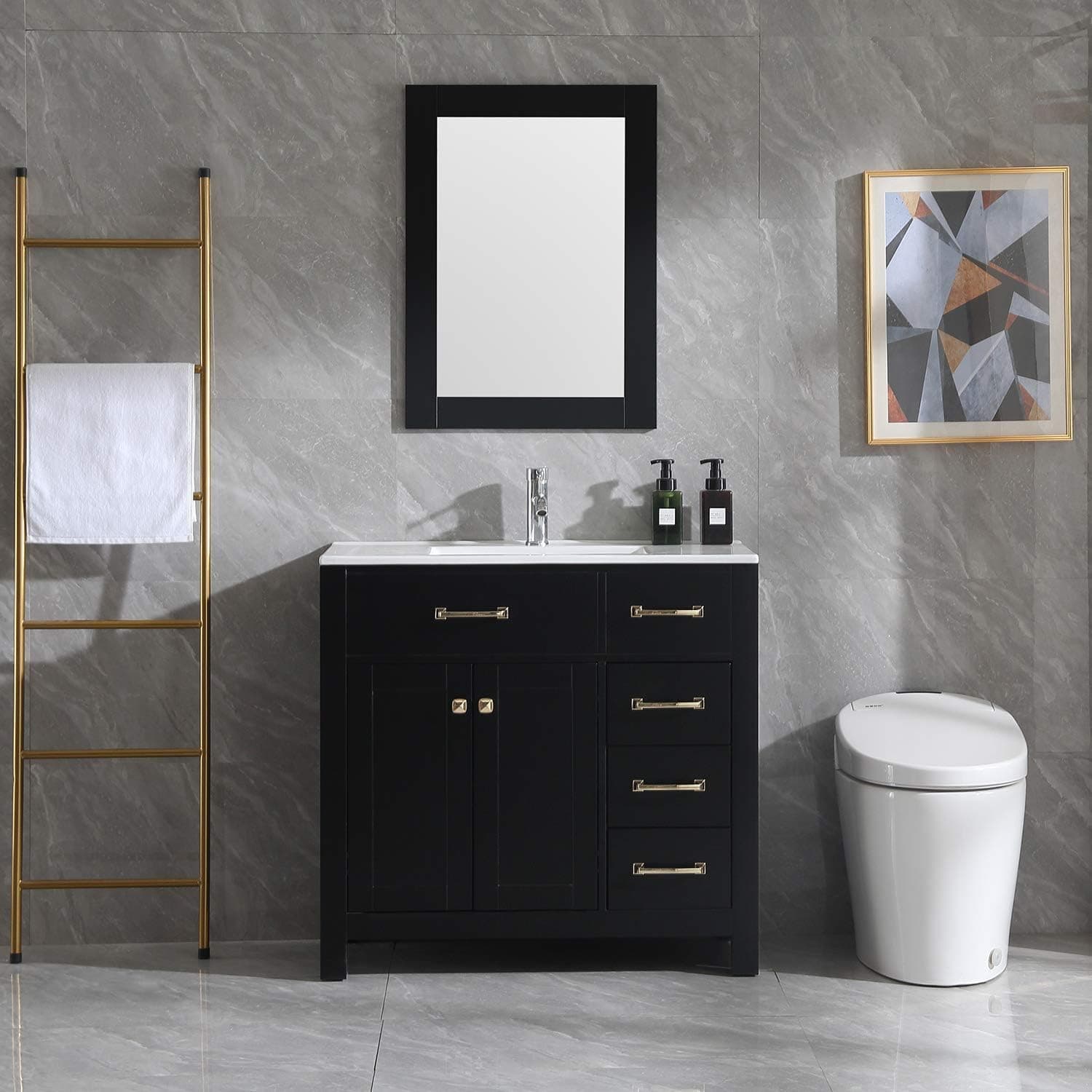walsport 36” Bathroom Vanity with Sink, Black Wood Cabinet Basin Vessel Sink Set with Mirror Chrome Faucet P-Trap 36 Inch Modern