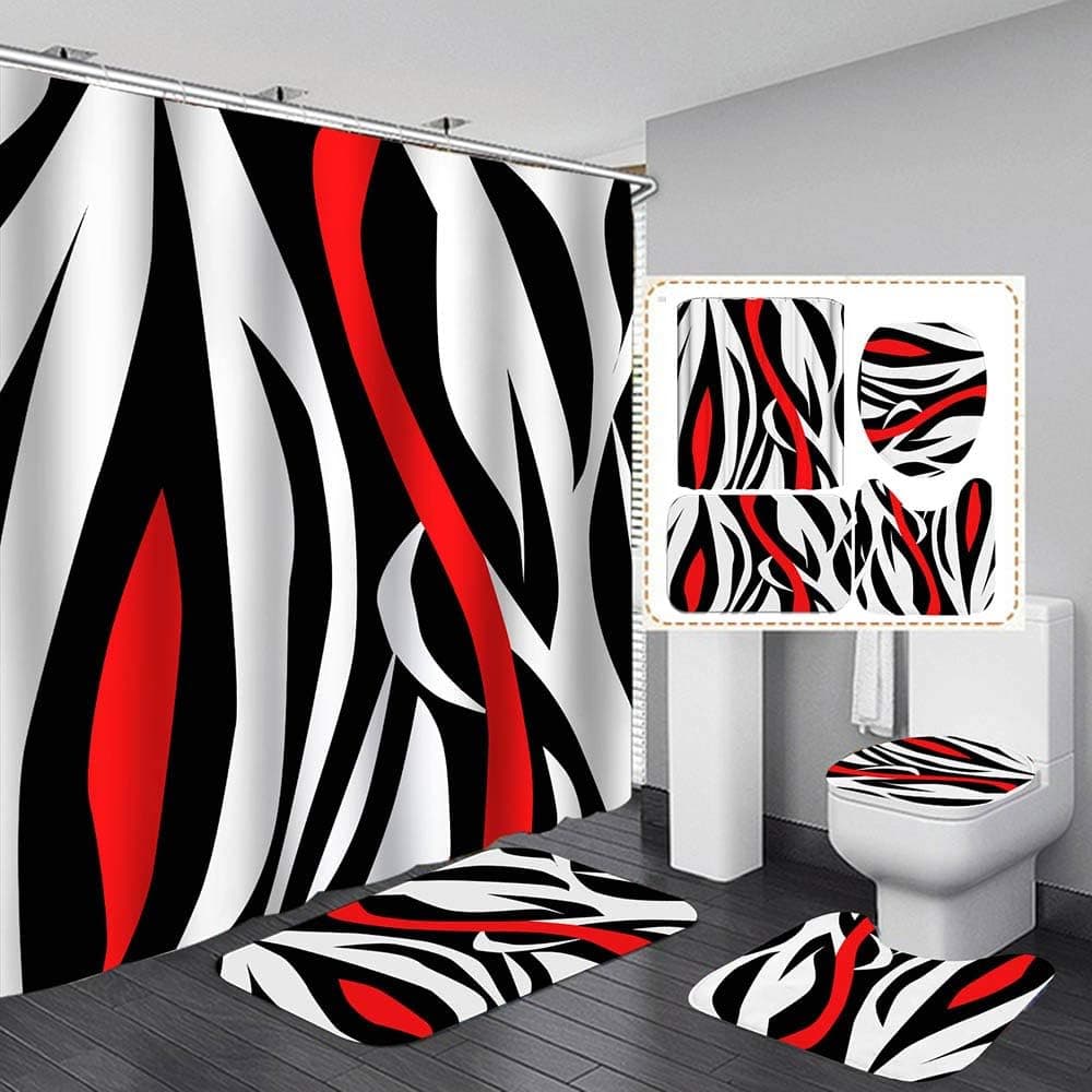 4Pcs Shower Curtain Stripe Bathroom Decor for Home，Geometric Black and White Red Abstract Line Curtain Sets with Non-Slip Rug，Toilet Lid Cover Bath Mat，72 x72 Inches Water Repellent Include Hooks