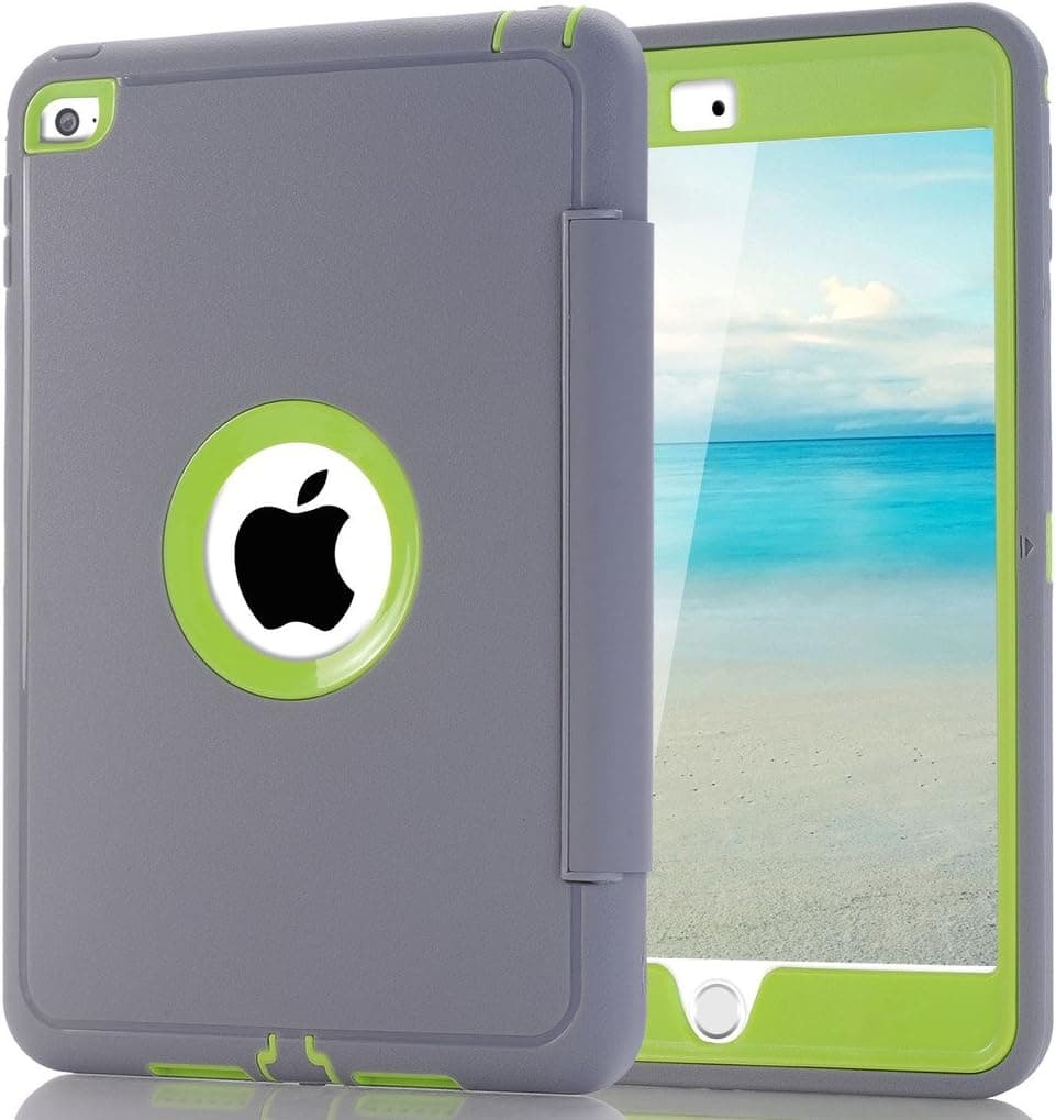 iPad Mini 4 Smart Cover, Hocase Rugged Kids Proof Full Body Protective 3-Layer Case with Built-in Screen Protector and Kickstand for Apple iPad Mini 4 - Grey/Lawn Green