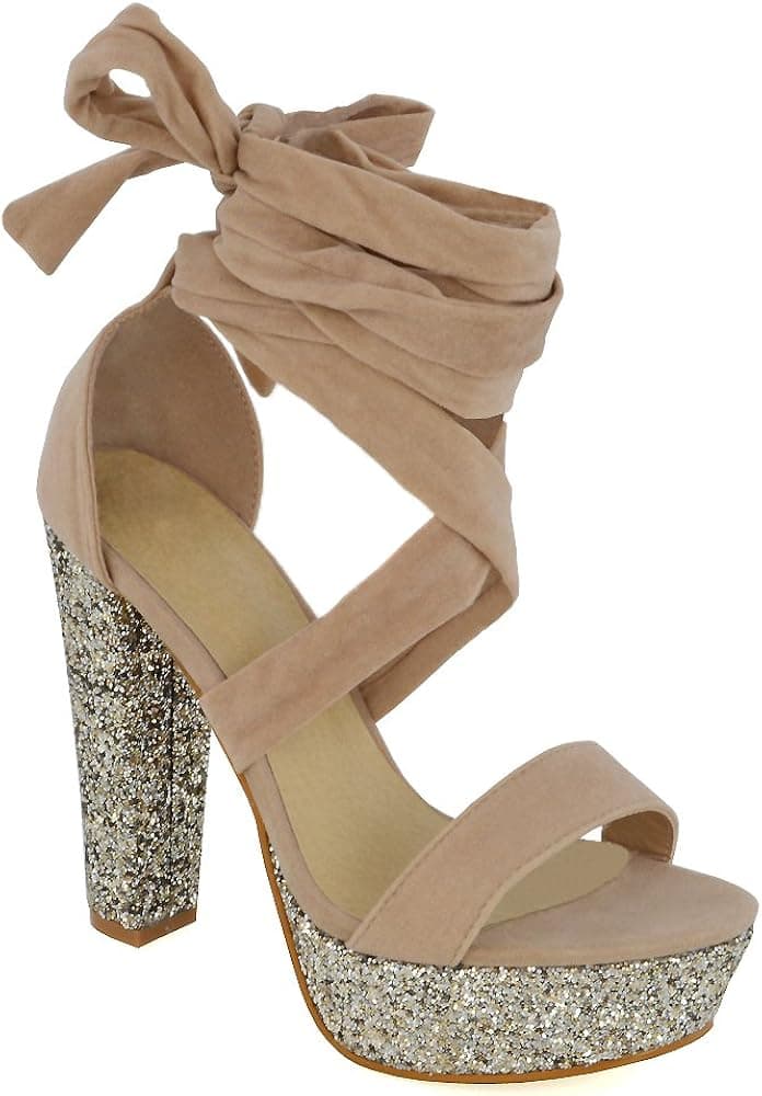 ESSEX GLAM Womens Lace Up Glitter Heel Platform Faux Suede Tie Up Sandals