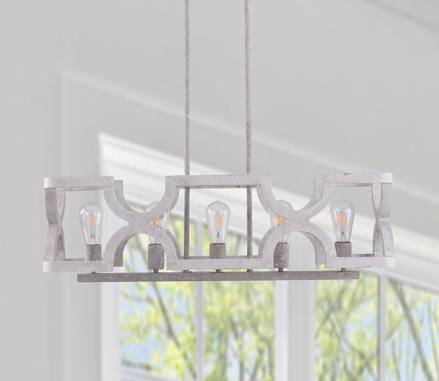 5-Lights Farmhouse Chandelier, Wood Chandelier Cube Hanging Lights Fixture for Dining Room Bedroom Foyer Entryway and Living Room Distressed White