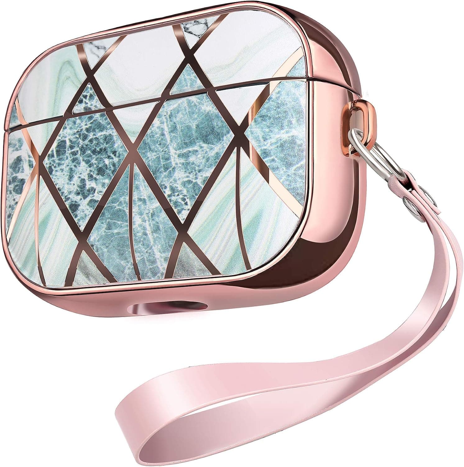Secbolt Protective Case Compatible with Airpods Pro Case, Shockproof TPU Cover with Anti-Lost Strap for Apple AirPods Pro 2019 (Green Marble/Rose Gold Stripe)
