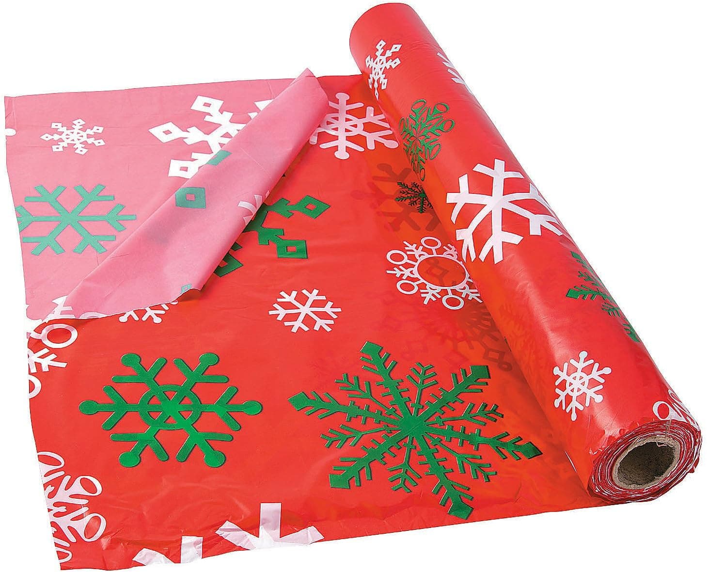 Fun Express Red Snowflake Printed Tablecloth Roll for Christmas (100 feet Long and Disposable) Party Supplies