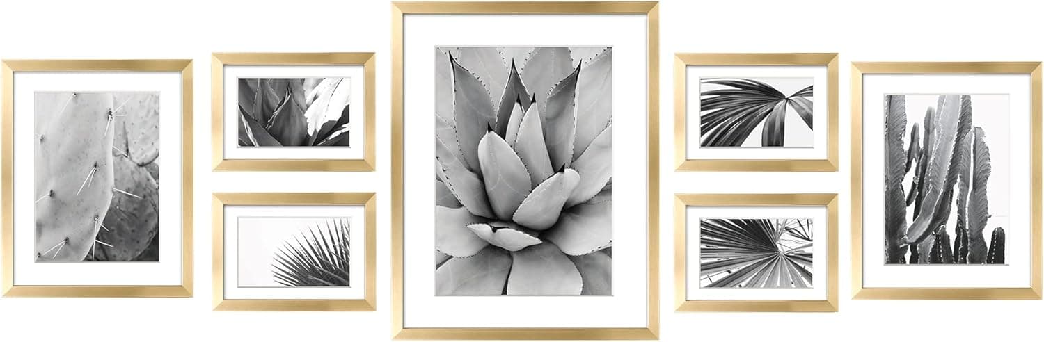 ArtbyHannah 7 Pack Gold Gallery Wall Picture Frames Sets with Decorative Botanical Art Prints for Photo Frame Collages for Home Decoration, Multiple Sizes 11x14x1, 8x10x2, 5x7x4