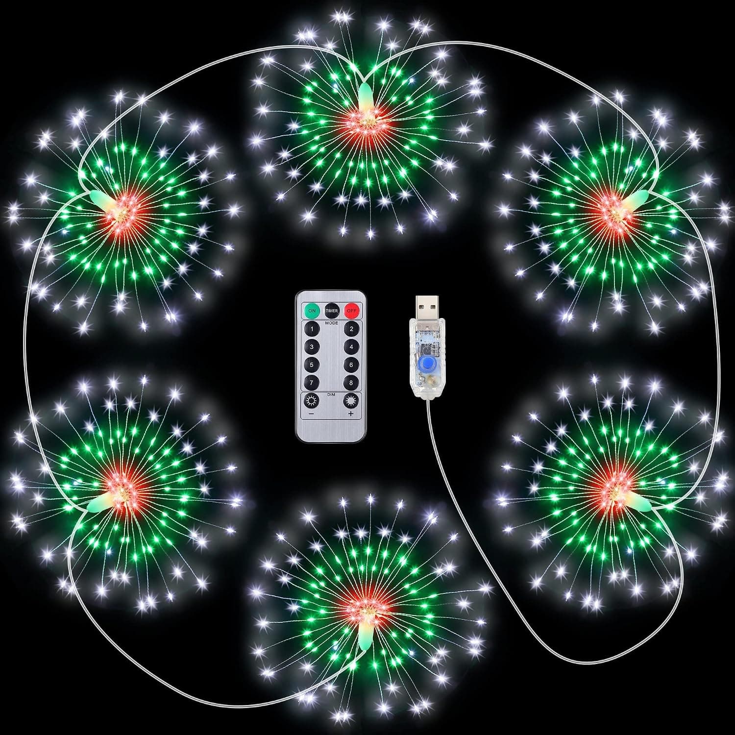 Christmas Starburst Firework String Lights, 6 Pieces 360 LEDs Sphere Hanging Lights with 8 Flicker Modes and USB Powered Remote Control Waterproof Fairy Decoration for Christmas Indoor Outdoor
