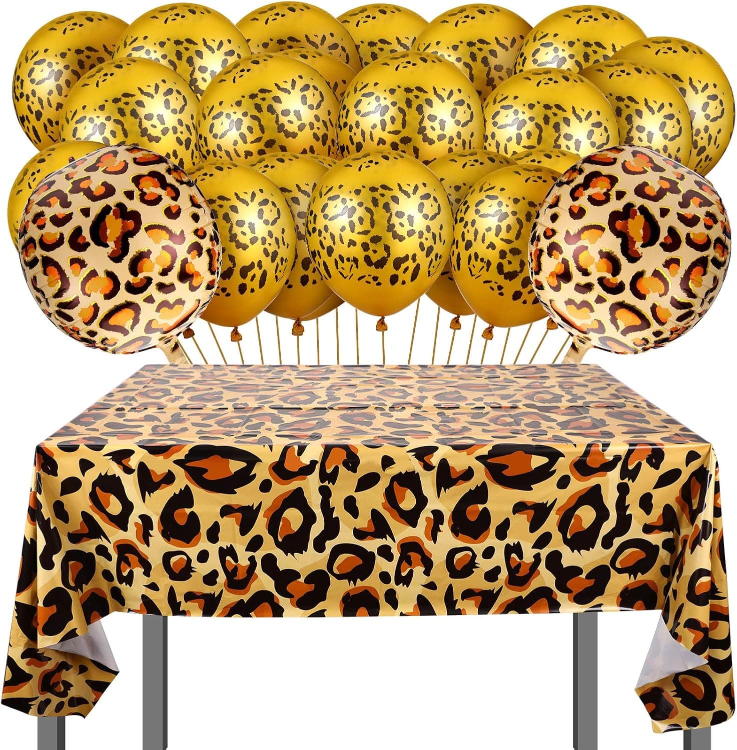 30 Pieces 12 Inch Leopard Printed Latex Balloons and 2 Pieces 22 Inch 4D Large Leopard Spot Foil Balloon and Tablecloth 51.2 x 86.6 Inch for Cheetah Theme Party Decoration