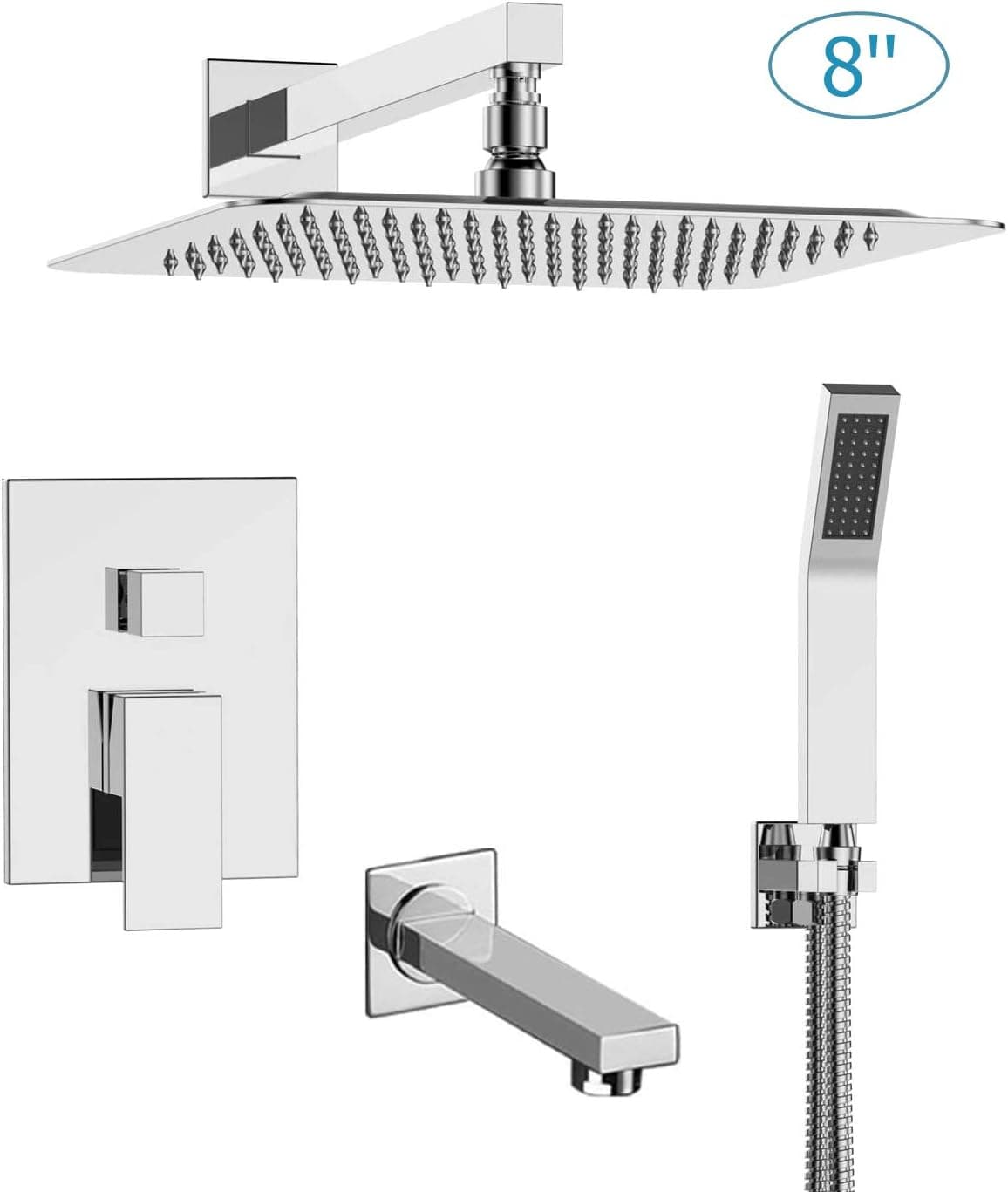 AUXO Wall Mounted Shower System with Tub Spout, Rain Shower Faucet Set with 8" Rain Shower Head in Polished Chrome (Rough-In Valve and Trim included)
