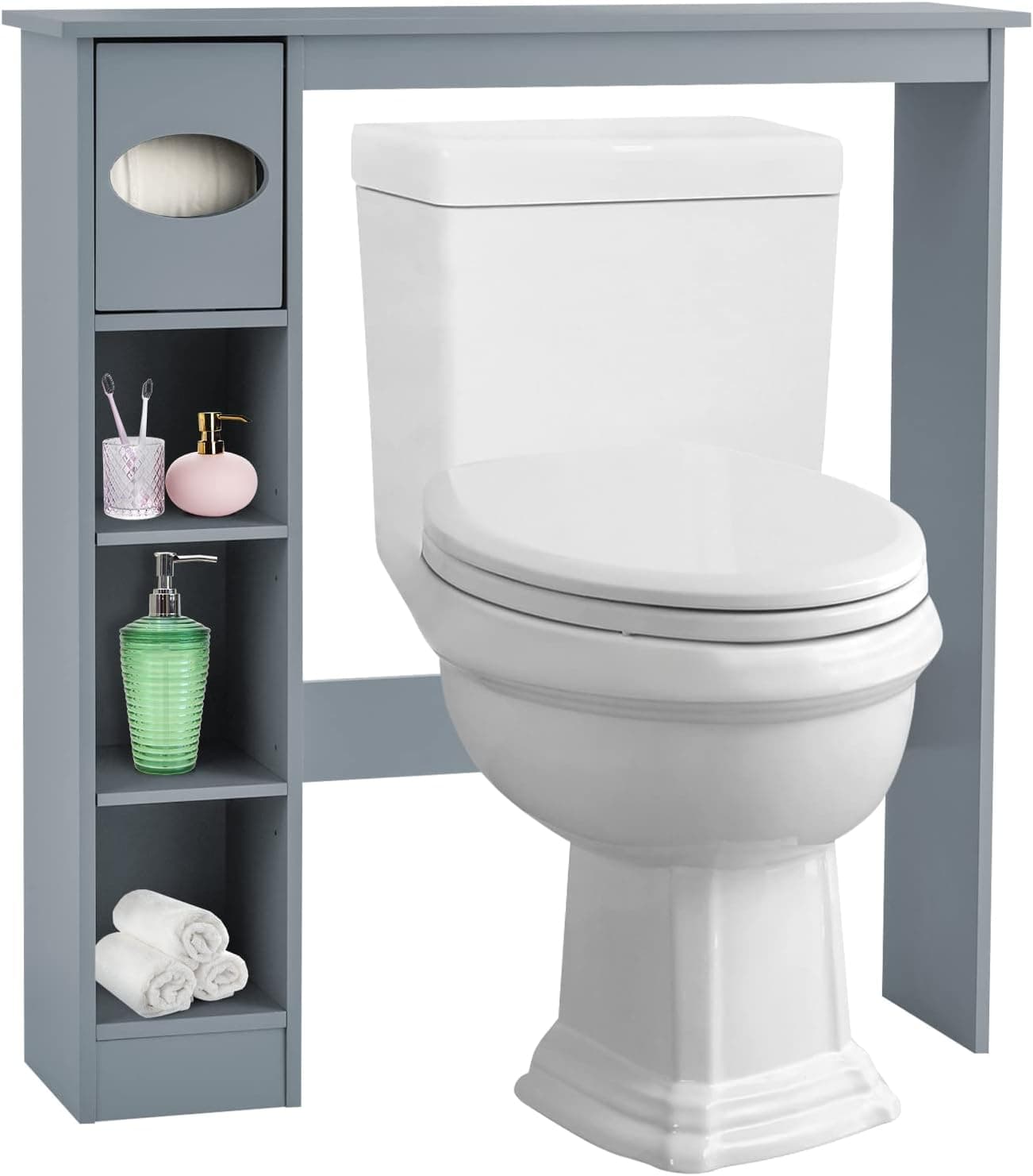 Tangkula Bathroom Space Saver, Wooden Over The Toilet Storage Cabinet with Paper Holder & Adjustable Shelves, Above Toilet Rack Cabinet Bathroom Organizer, Freestanding Bathroom Toilet Shelf Cabinet