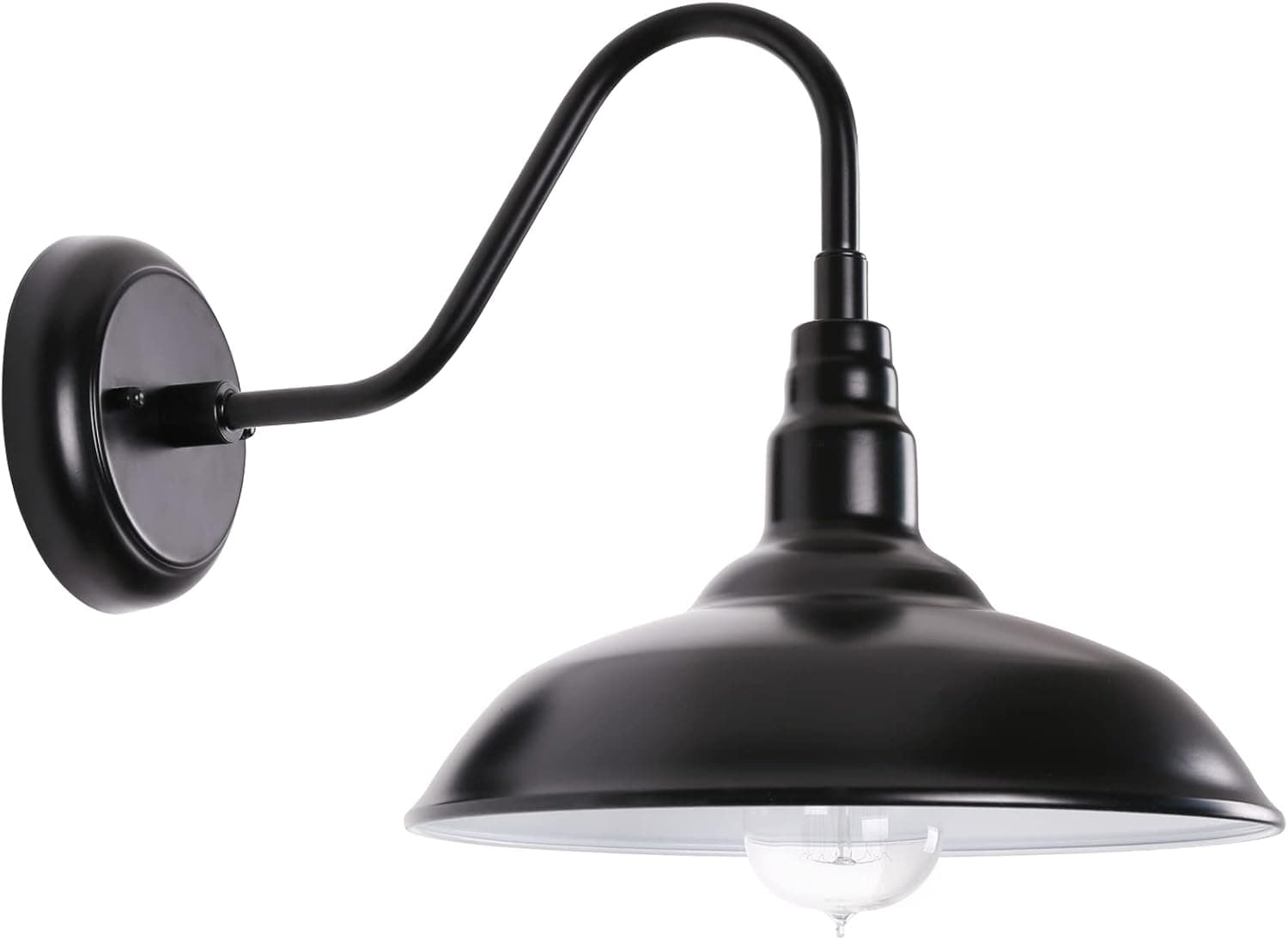 GOALPLUS Outdoor Gooseneck Barn Light, 14'' Dome Stain Black with White Interior Large Wall Sconce for Porch, Exterior Waterproof Farmhouse Light Fixture with Wall Mount, 1 Pack, LM2202-BW