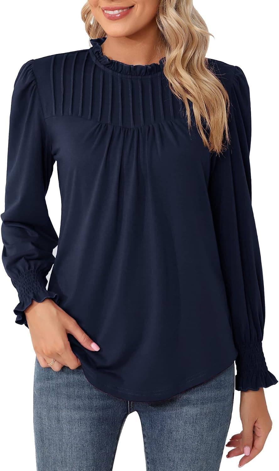 Ivicoer Womens Fall Long Sleeve T Shirts Blouses Ruffle Mock Neck Tops Dressy Casual Tunic Tops with Smocked Cuffs
