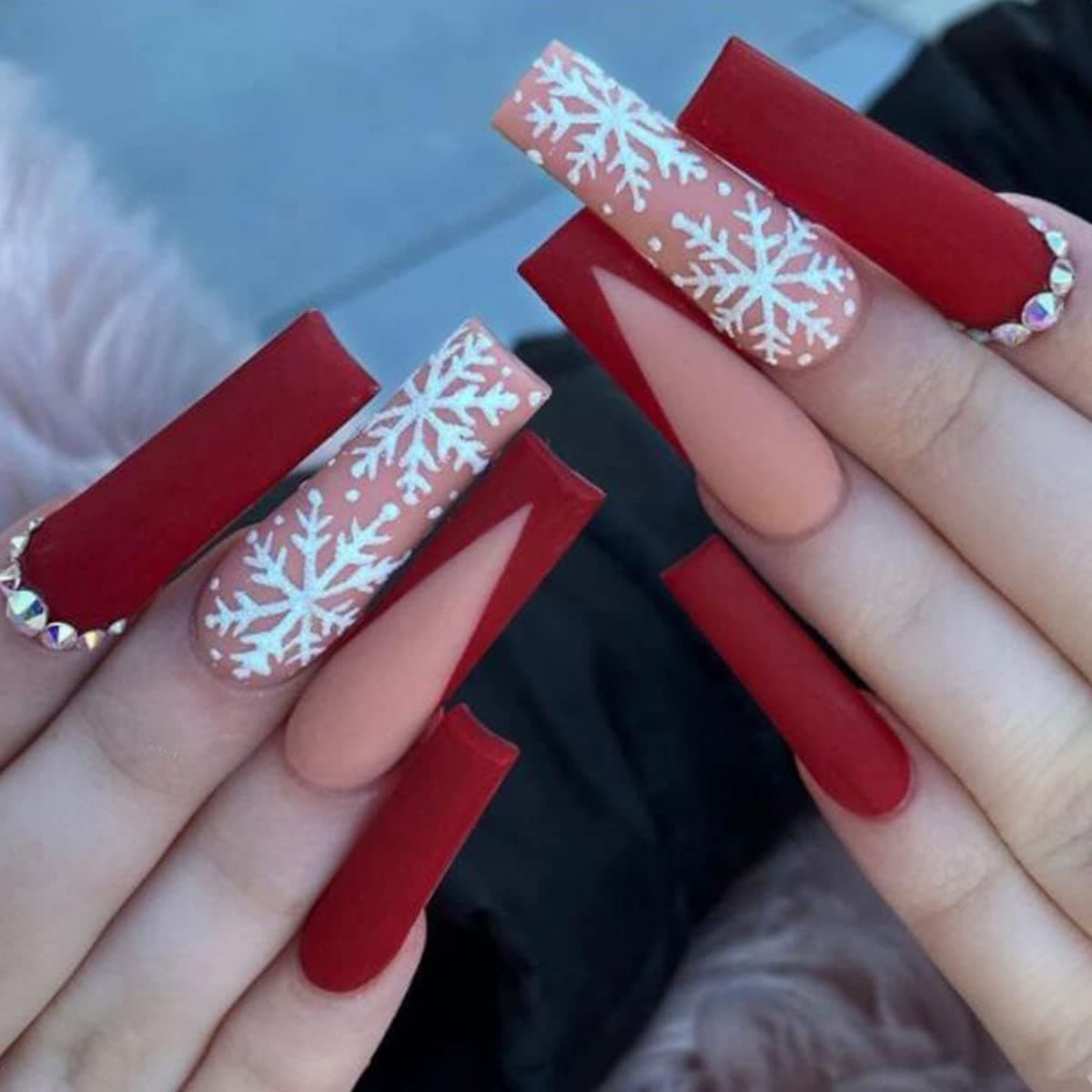 French Tip Press on Nails Long Snowflake Fake Nails Rhinestones Full Cover Red Acrylic False Nails for Women and Girls Christmas Winter Nail Art 24Pcs