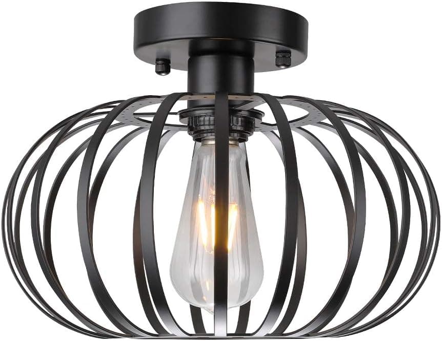 Modern Black Double Layer Metal Cage Semi Flush Mount Ceiling Light Light for Hallway Living Room Kitchen Entryway Farmhouse
