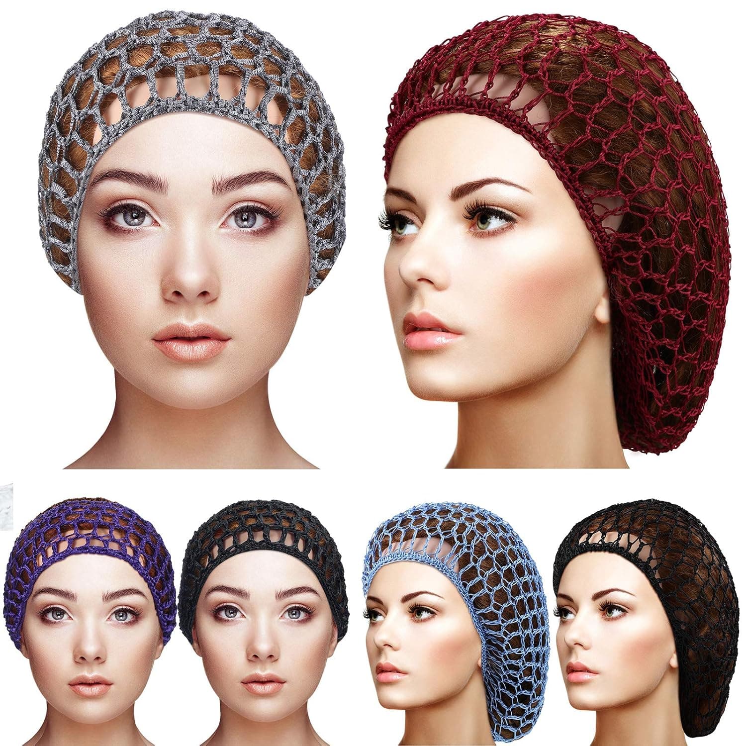 6 Pieces Mesh Crochet Hair Net Crocheted Hair Net Cap Snood Women Hairnet Snoods Cover Ornament, Short Net Cap Hairband and Long Hair Crochet Hair Snood (Black, Gray, Purple, Blue, Red, Brown)