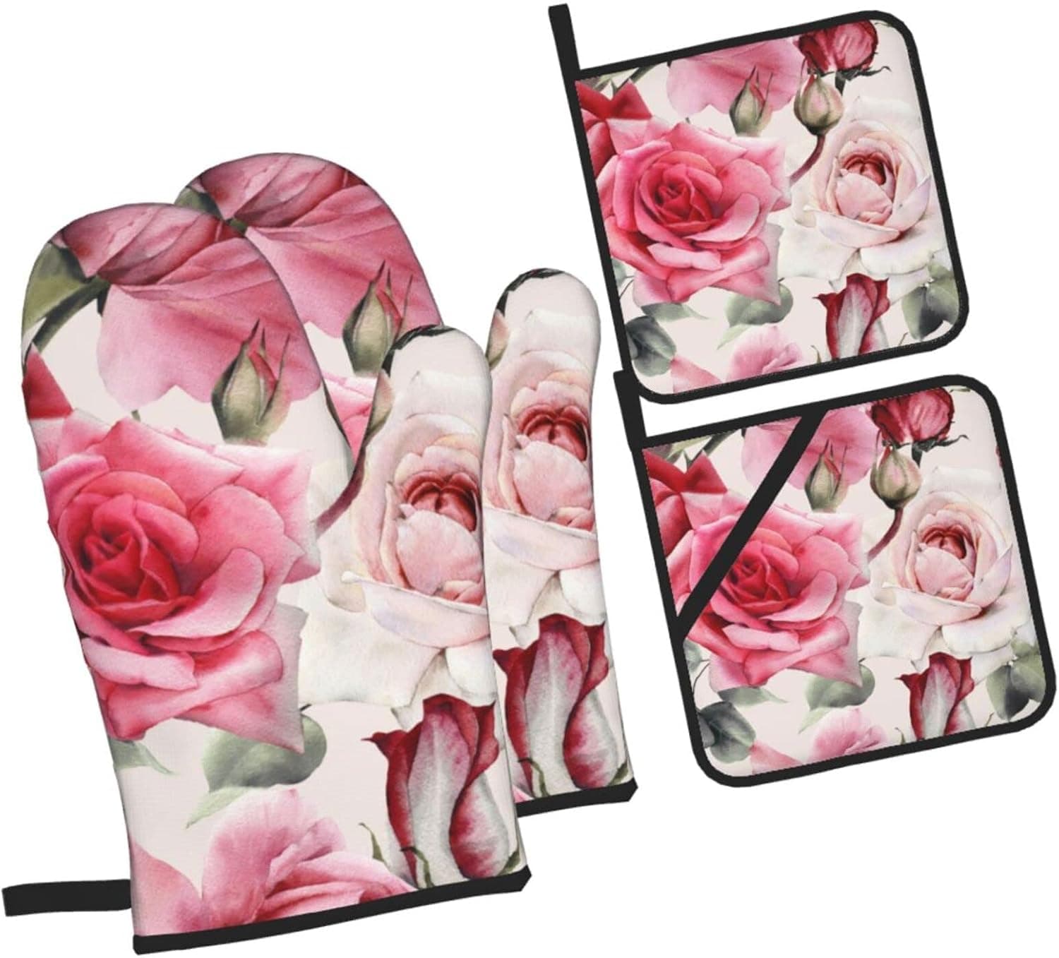 Pink Roses Oven Mitts and Pot Holders Set of 4, Vintage Floral Oven Mittens and Potholders Heat Resistant Gloves for Kitchen Cooking Baking Grilling BBQ