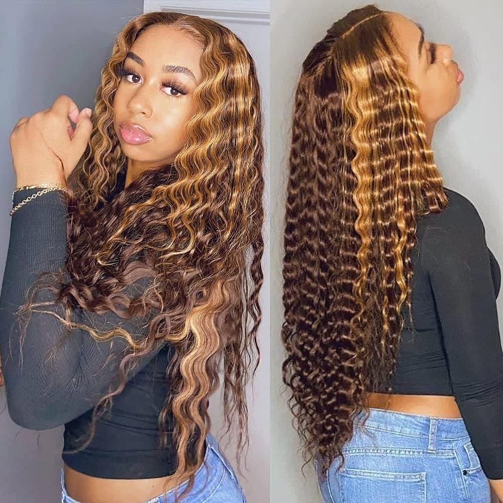 Highlight Ombre Lace Front Wigs Human Hair Pre Plucked 13x4 HD Transparent 4/27 Honey Blonde Lace Frontal Wigs with Baby Hair 150% Density Colored Deep Wave Lace Front wig Human Hair for Women 20 Inch