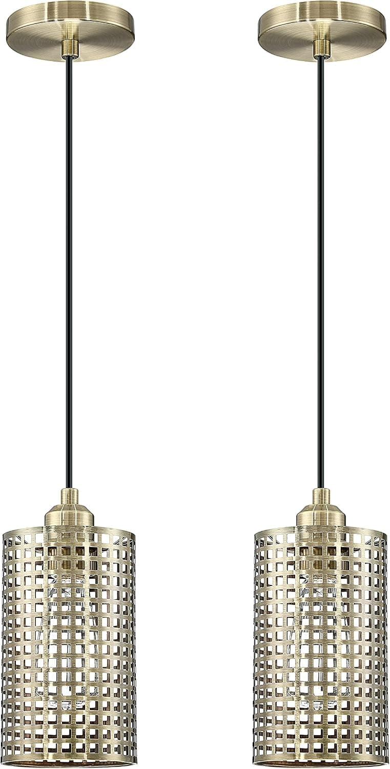 2 Pack 1 Light line Antique Brass Adjustable Contemporary Industrial Mini Pendant Perforated Square Grid Metal Shade Classic for Farmhouse, Entryway, Dining Room, Kitchen Island, Foyer
