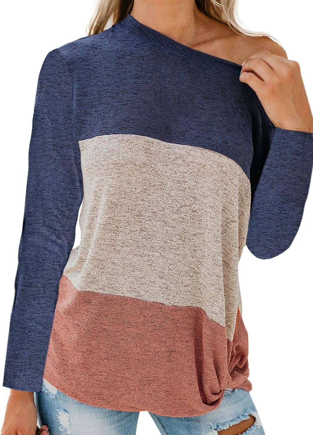 BLENCOT Women's Color Block Twist Knot Long Sleeve Casual Loose Tunics Shirts Tops