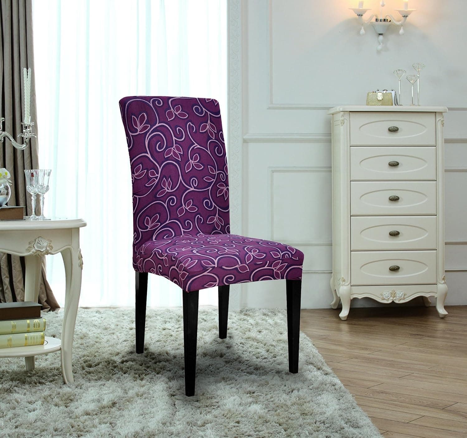 TIKAMI 6PCS Spandex Printed Fit Stretch Dinning Room Chair Slipcovers (6, Purple Flower)