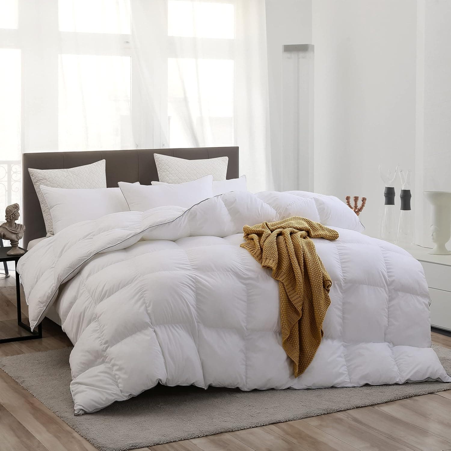 L LOVSOUL White Goose Down Comforter King 100% Egyptian Cotton Down Fiber Comforter 1200 Thread Count Baffle Box Stitched Down Duvet Comforter with Corner Tabs for All Season 106x90Inches