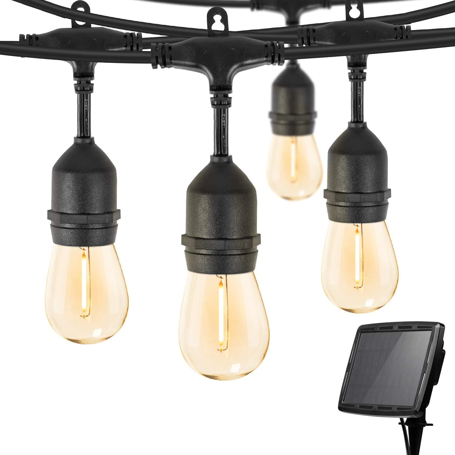 Brightown 34Ft LED Solar String Lights with 15 Shatterproof Bulbs, Solar & USB Charging with 4 Lighting Modes, Weatherproof Ambient Lighting for Patio Deck Cafe, Black Cord, 2700K