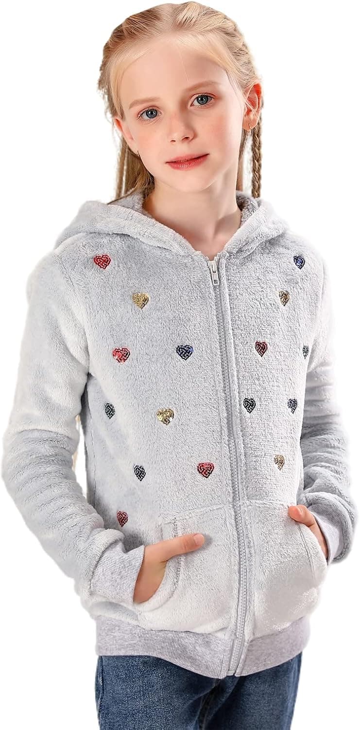 V.&GRIN Girls Fleece Zip-Up Hoodie, Soft Basic Hooded Sweatshirt with Pocket for Girls 7-16 Years（Gray Hearts 15-16）