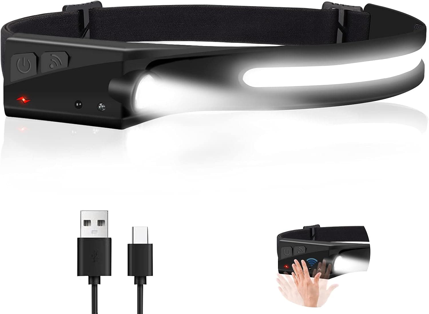 LED Headlamp, 230°Wide Angle 1300 Lumen Headlamp 5 Light Modes Motion Sensor Headlight Rechargeable Waterproof Headband Lightweight Silicone Light for Camping, Running, Repairing(Black, 1 Pack)