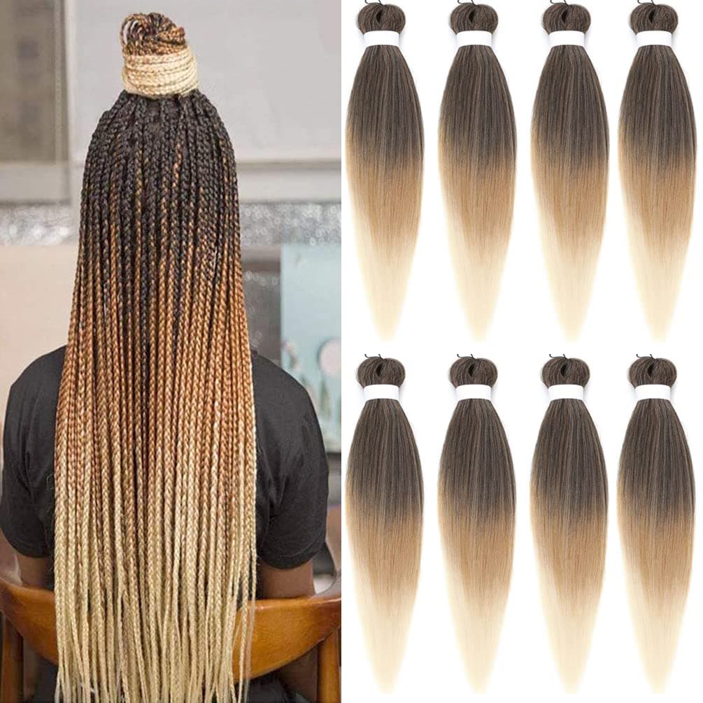 26inch Pre Stretched Braiding Hair 8 Packs Professional Synthetic Crochet Natural Ombre Braids Hair Hot Water Setting Soft Yaki Texture (26 Inch (Pack of 8), black to light brown to beige