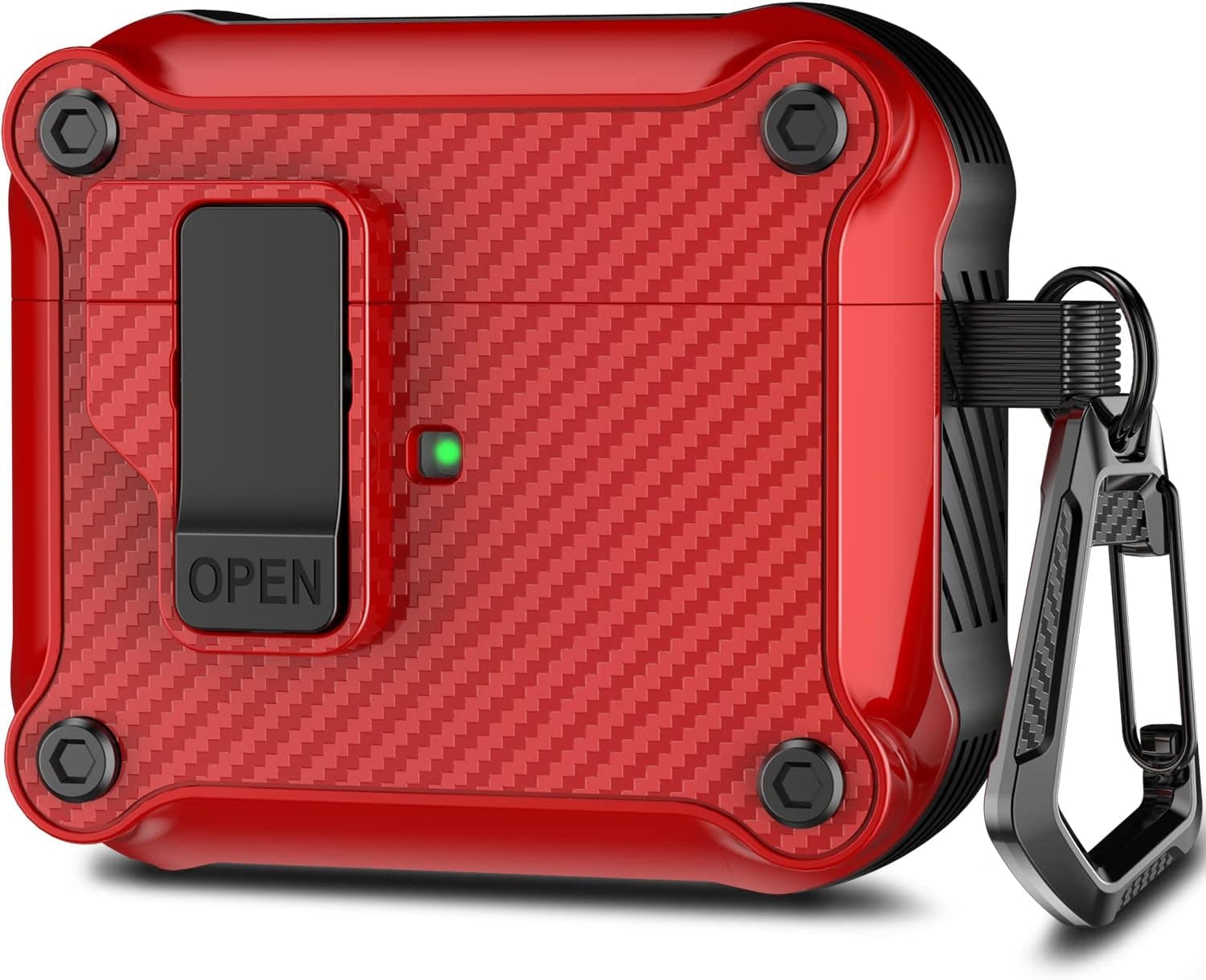 R-fun Airpods 3rd Generation Case with Automatic Secure Lock Clip,Armor Protective Hard TPU Case Cover for Apple Airpods 3 2021 Charging Case with Carbon Fiber Keychain-Red