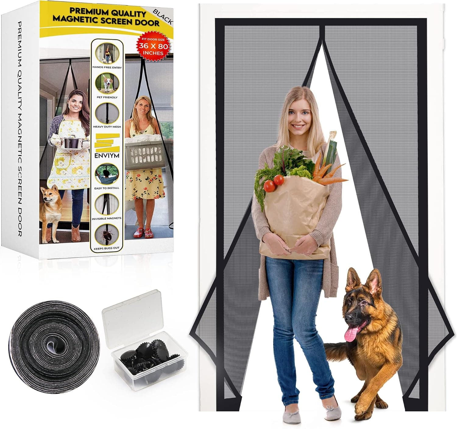 ENVIYM Self Sealing Magnetic Screen Door, Pet & kids Friendly Sliding Screen Door, Hands Free Entry With Magnetic Closure, Keep Bugs Out, Heavy Duty Screen Door Mesh Curtain Flame Resistant (36x80 In)