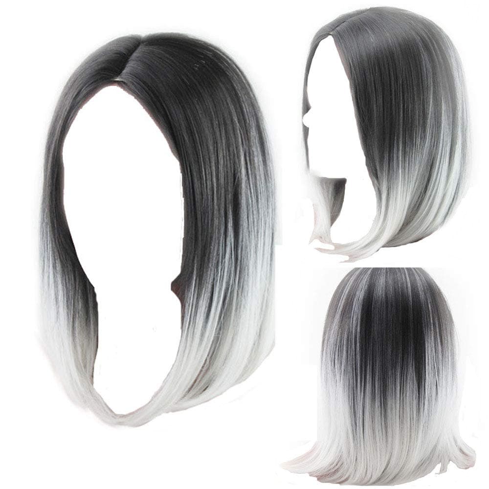 NEJLSD Ombre Grey Wig Synthetic Short Straight Cosplay Wigs Heat Resistant Synthetic Hair Wig for Women Shoulder Length 16 inch