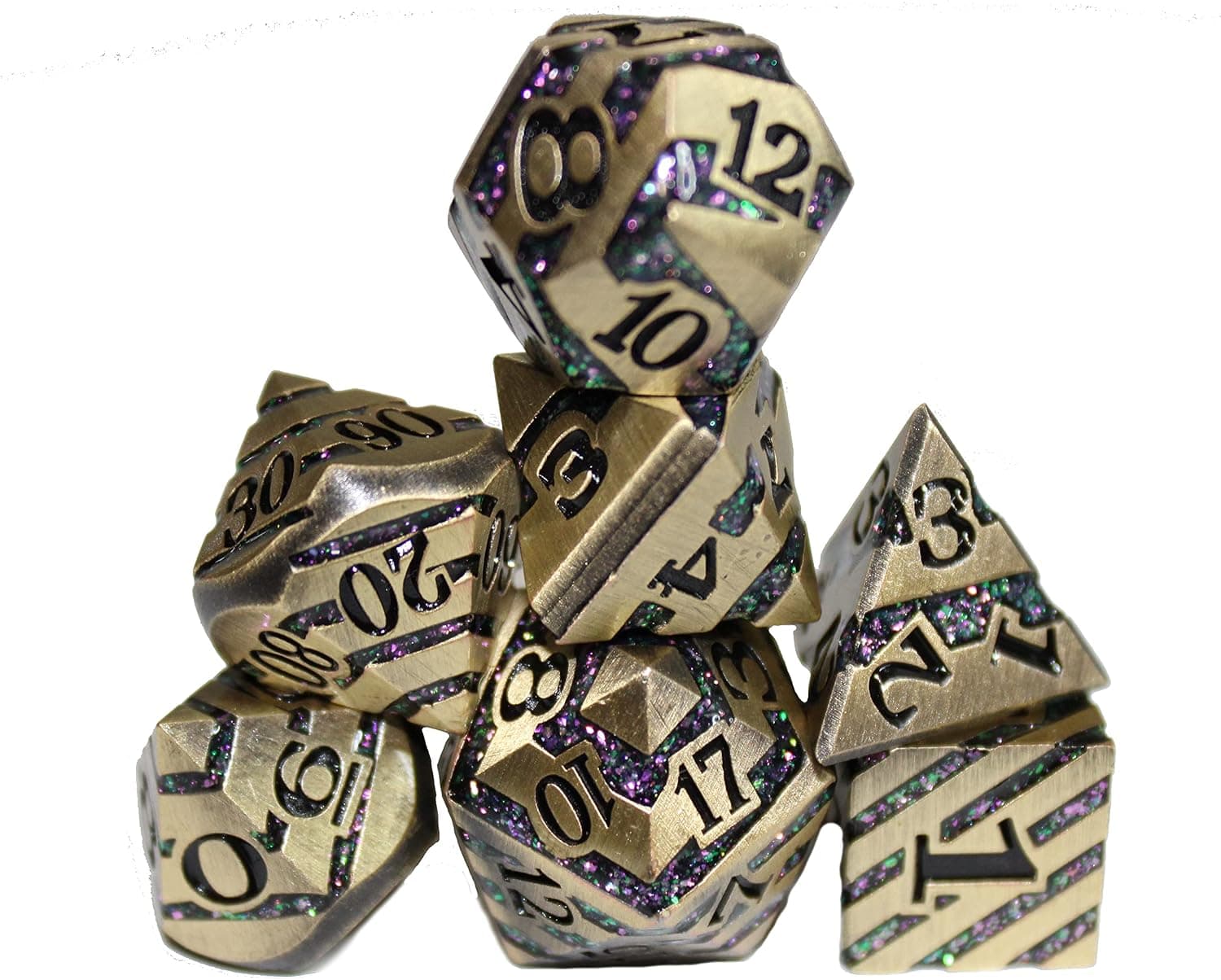 TINY GREMLIN Metal Dice of Dwarven Mining - Dungeons and Dragons Dice - Purple and Green Glitter with Antique Bronze Metal Swirl