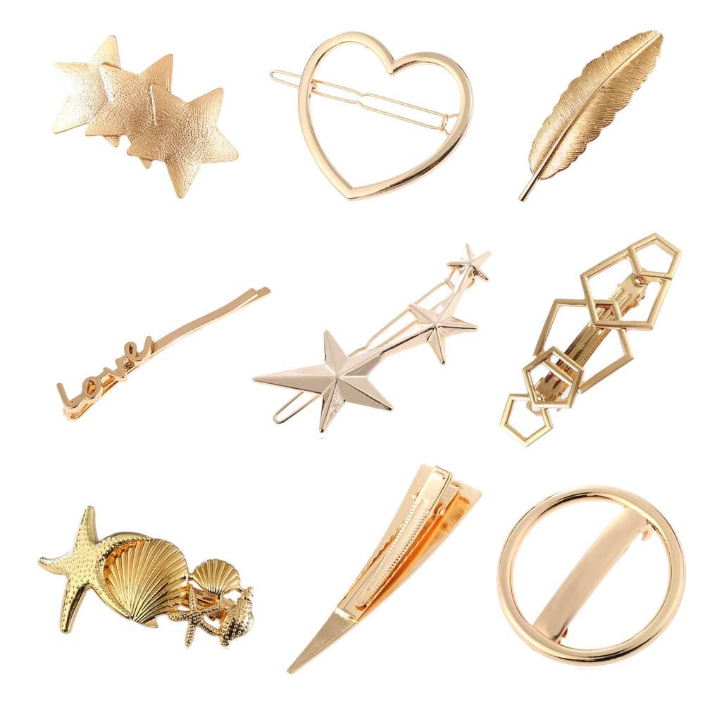 9 Pack Gold Vintage Retro Geometric Minimalist Hair Clip Snap Barrettes Comb Stick Claw Crab Clamp Bobby Pins Alligator Hairclips Metal Wedding Party Hair Styling Ornaments Accessories for Women Girl