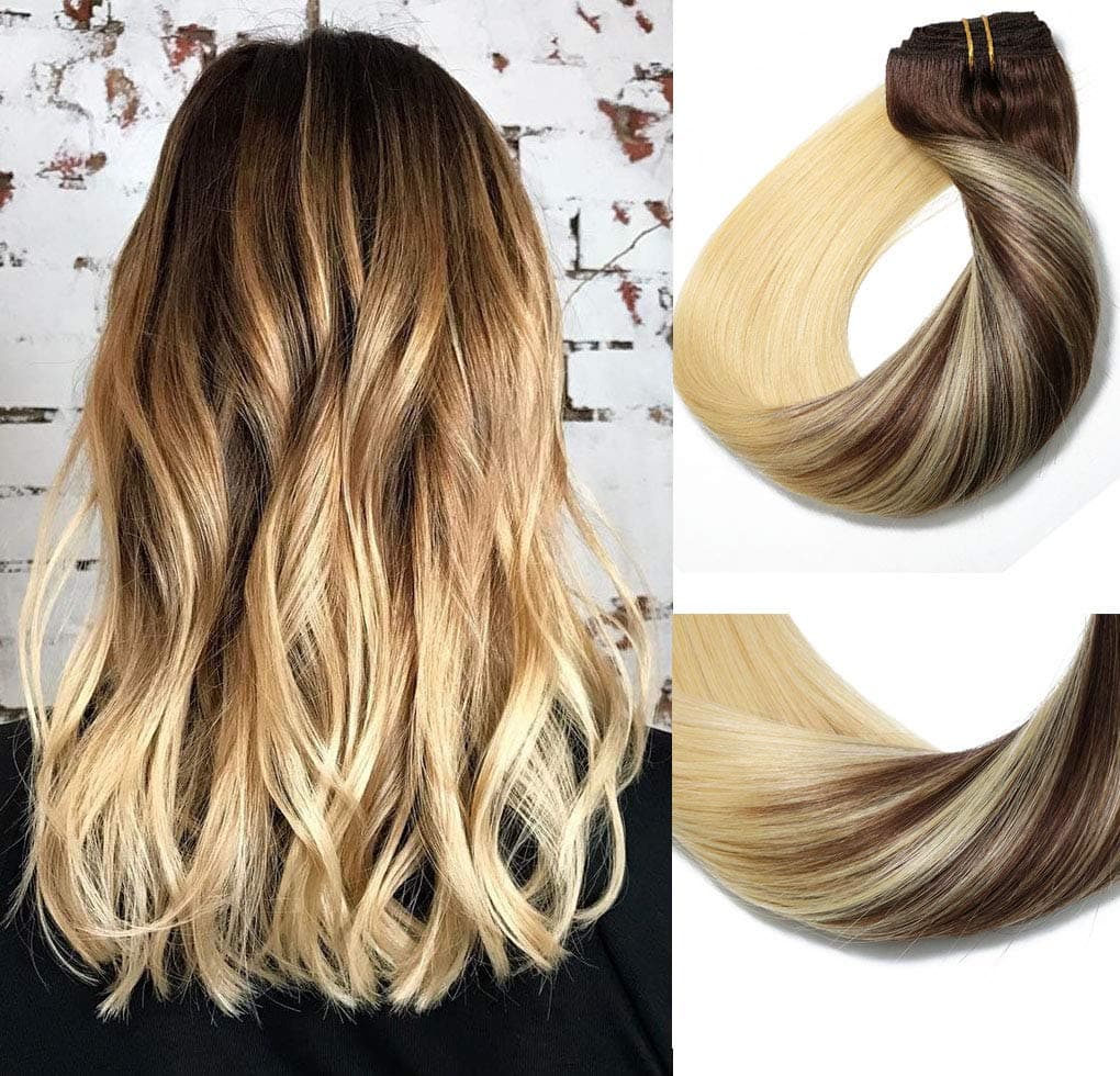 Clip In Human Hair Extensions Medium Brown to Bleach Blonde Extension Clip ins Thickened Double Weft 9A Brazilian Hair 120g 7pcs Full Head Silky Straight 100% Human Hair Clip In Extensions 14 Inch