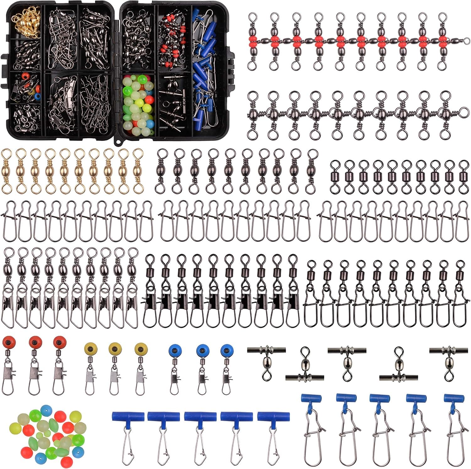SILANON Fishing Swivels Accessories Tackle Kit, 174pcs Barrel Rolling Swivels Snaps, Sinker Slides, Crossline Three Way Swivel, Fishing Line Beads, Duo Lock Snaps for Bass Trout Saltwater Freshwater
