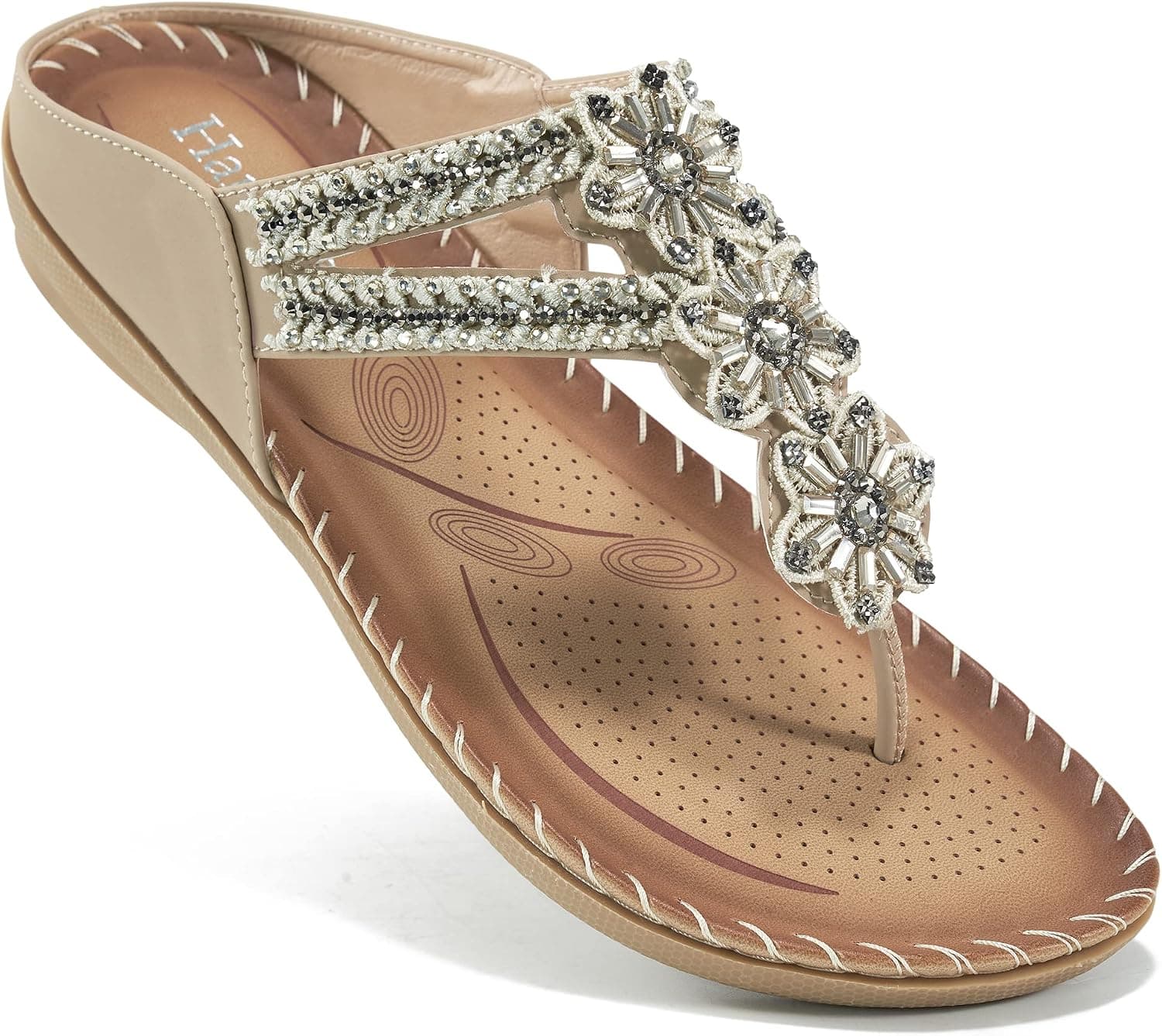 HARENCE Women's Flip Flops Comfortable Flats Sandals for Women Gladiator Bohemian Beaded Summer Shoes Outdoor Beach Clip Toe Sandal
