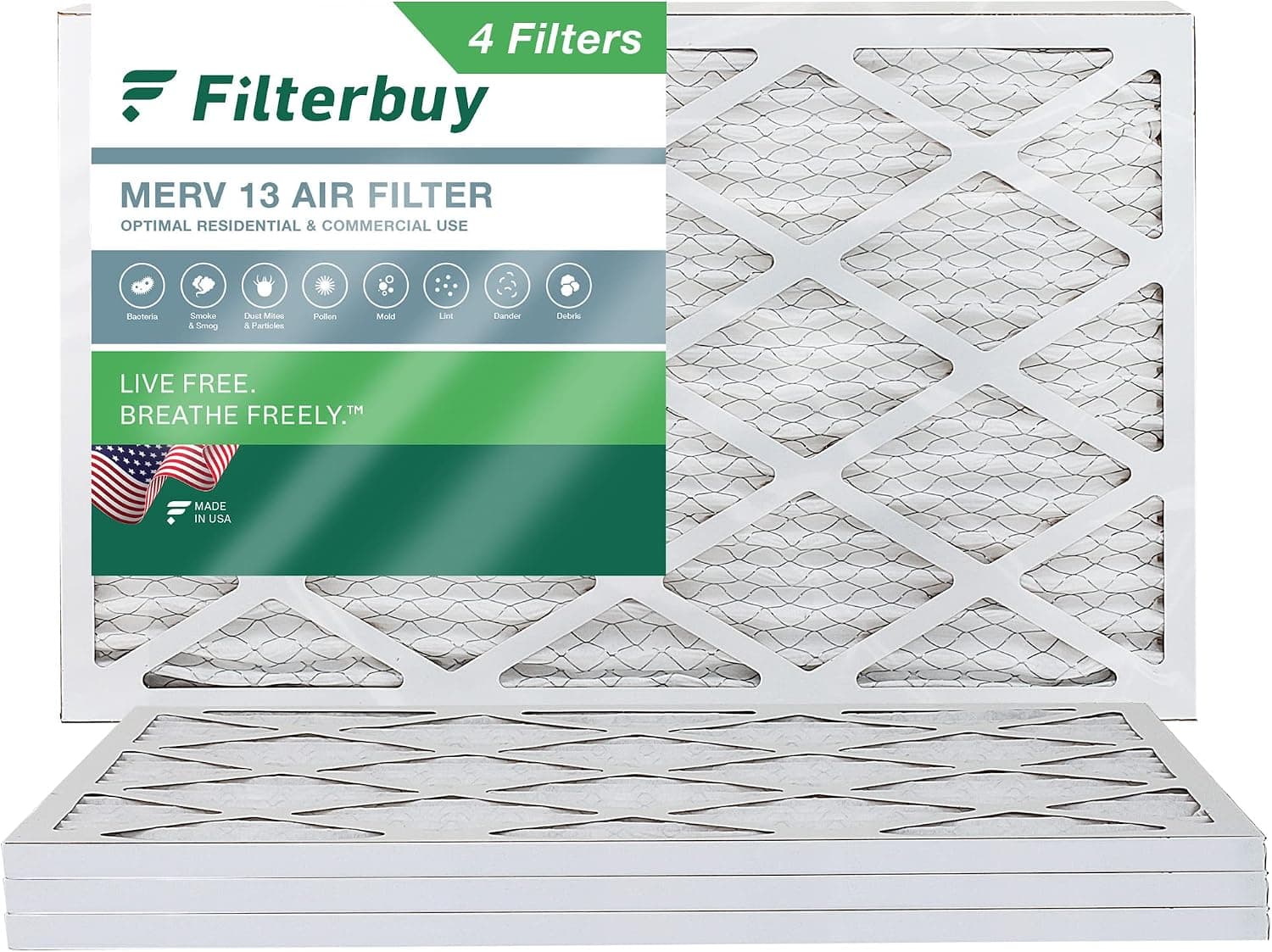 Filterbuy 13x21.5x1 Air Filter MERV 13 Optimal Defense (4-Pack), Pleated HVAC AC Furnace Air Filters Replacement (Actual Size: 12.88 x 21.50 x 0.75 Inches)