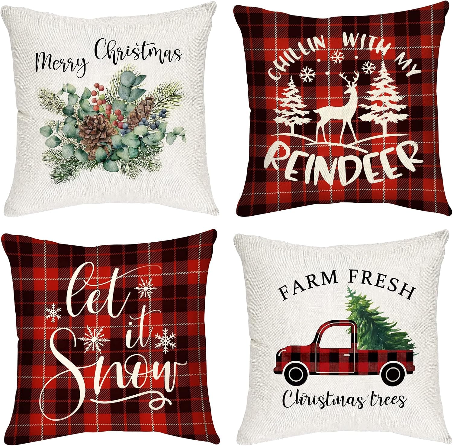 Hiaksedt Christmas Pillow Covers 20x20 Set of 4 Buffalo Plaid Christmas Pillows Farmhouse Christmas Pillow Covers for Sofa Couch Christmas Decorations( Let It Snow,Red Truck,Reindeer,Pine Nuts)