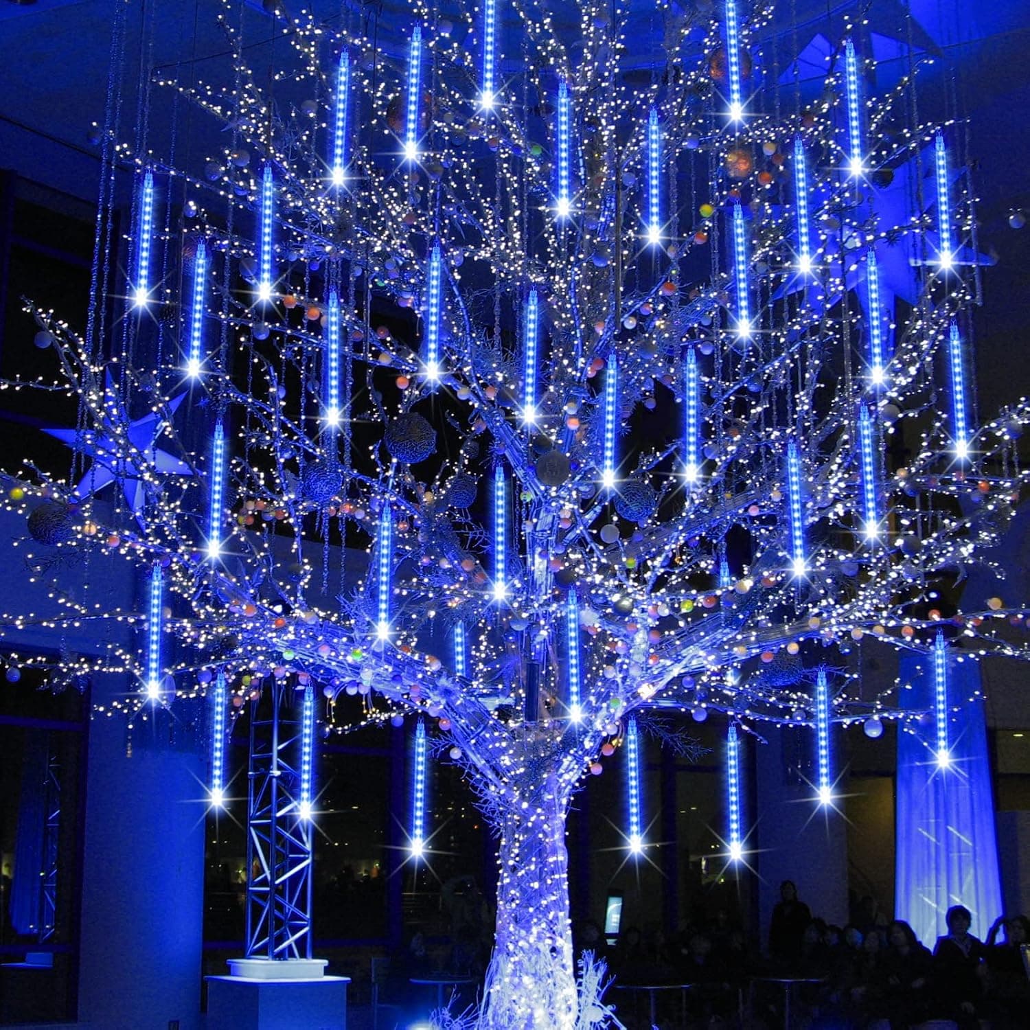 YOEPLAVSE Meteor Shower Lights Outdoor, 12inch 16 Tubes 384 LEDs Waterproof Meteor Lights, Plug in Falling Rain Lights for Christmas Tree Halloween Party Porch Patio Wedding Decor, Blue