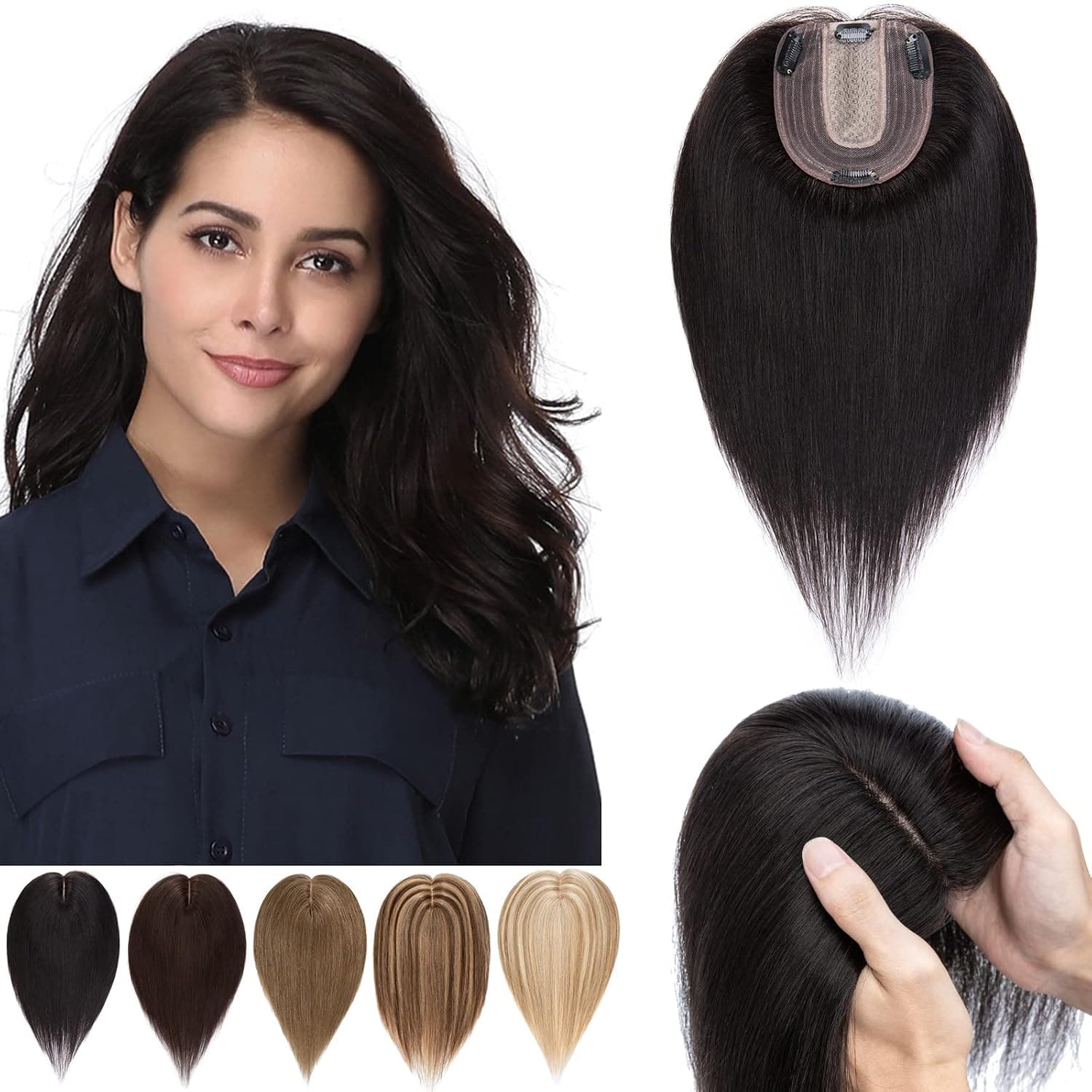 MY-LADY Clip in Human Hair Topper for Women 130% Density 10 * 12cm Silk Base 50g 16 inch #1B Natural Black Remy Hair Top Hairpieces No Bangs
