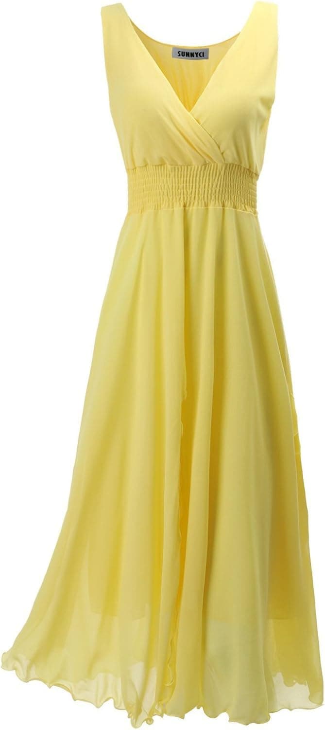 SUNNYCI Womens Summer Vacation Printed chiffon frill long dress YELLOW Size XL