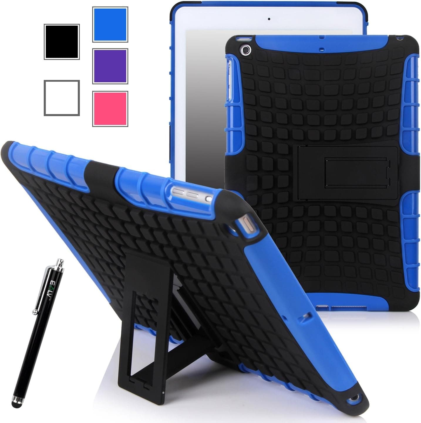 iPad Air Case, E LV iPad Air Case Cover - Shock-Absorption / Impact Resistant Hybrid Dual Layer Armor Defender Full Body Protective Case Cover (Inbuilt KickStand) for iPad Air with 1 Stylus (iPad Air, Blue)